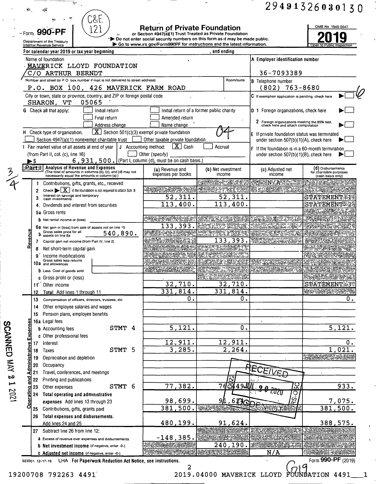 Image of first page of 2019 Form 990PF for Maverick Lloyd Foundation