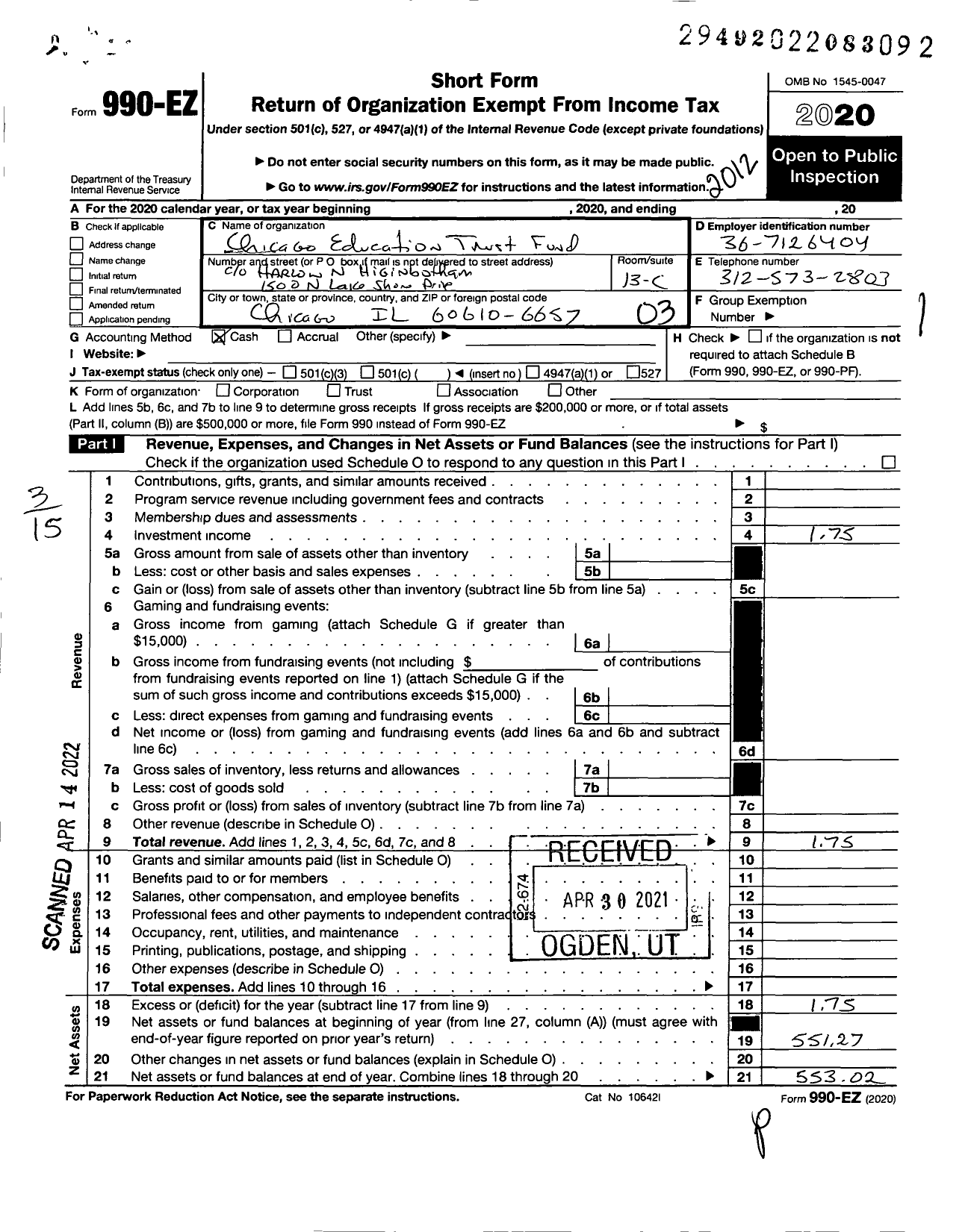 Image of first page of 2020 Form 990EZ for Chicago Education Trust Fund 121395