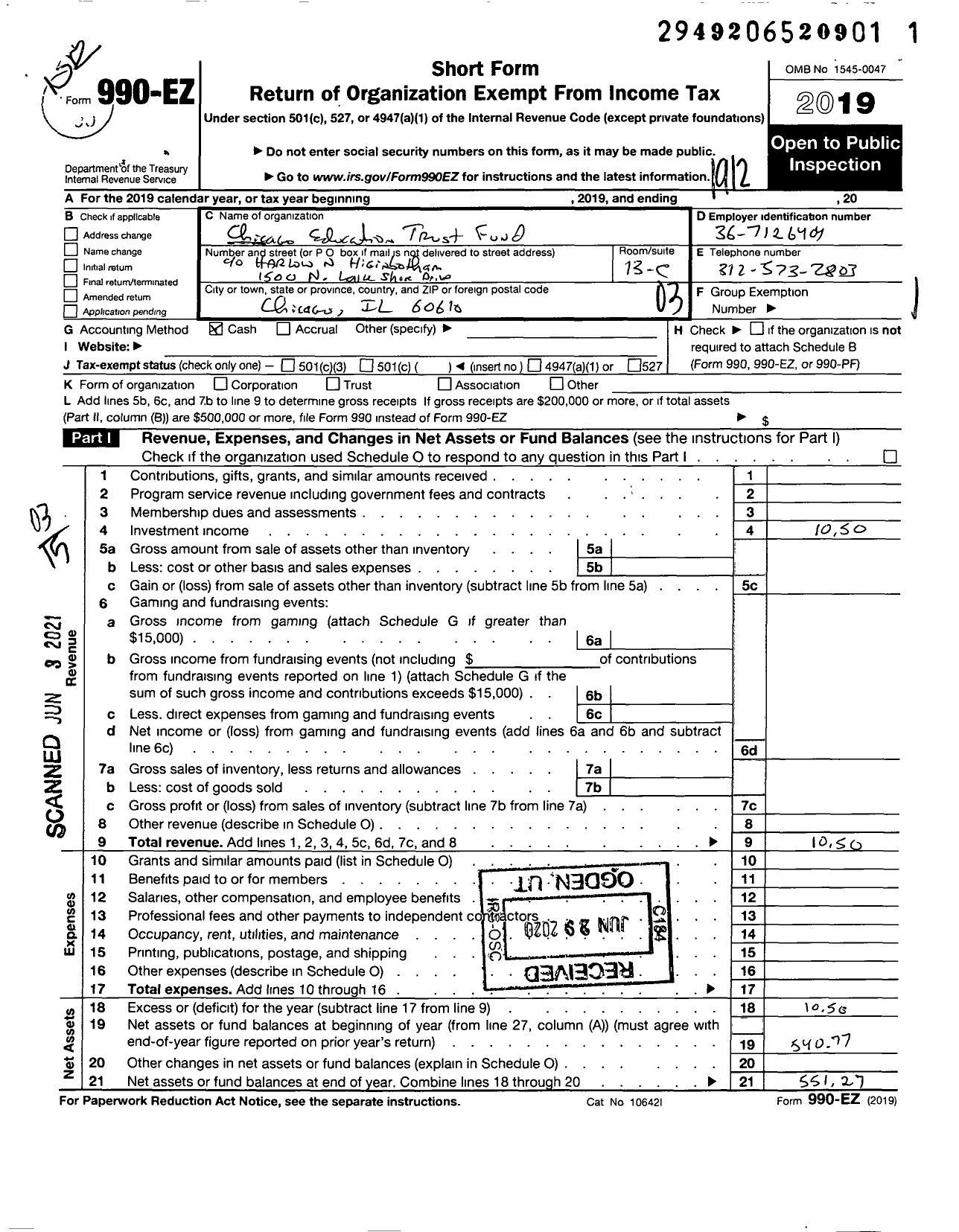 Image of first page of 2019 Form 990EZ for Chicago Education Trust Fund 121395