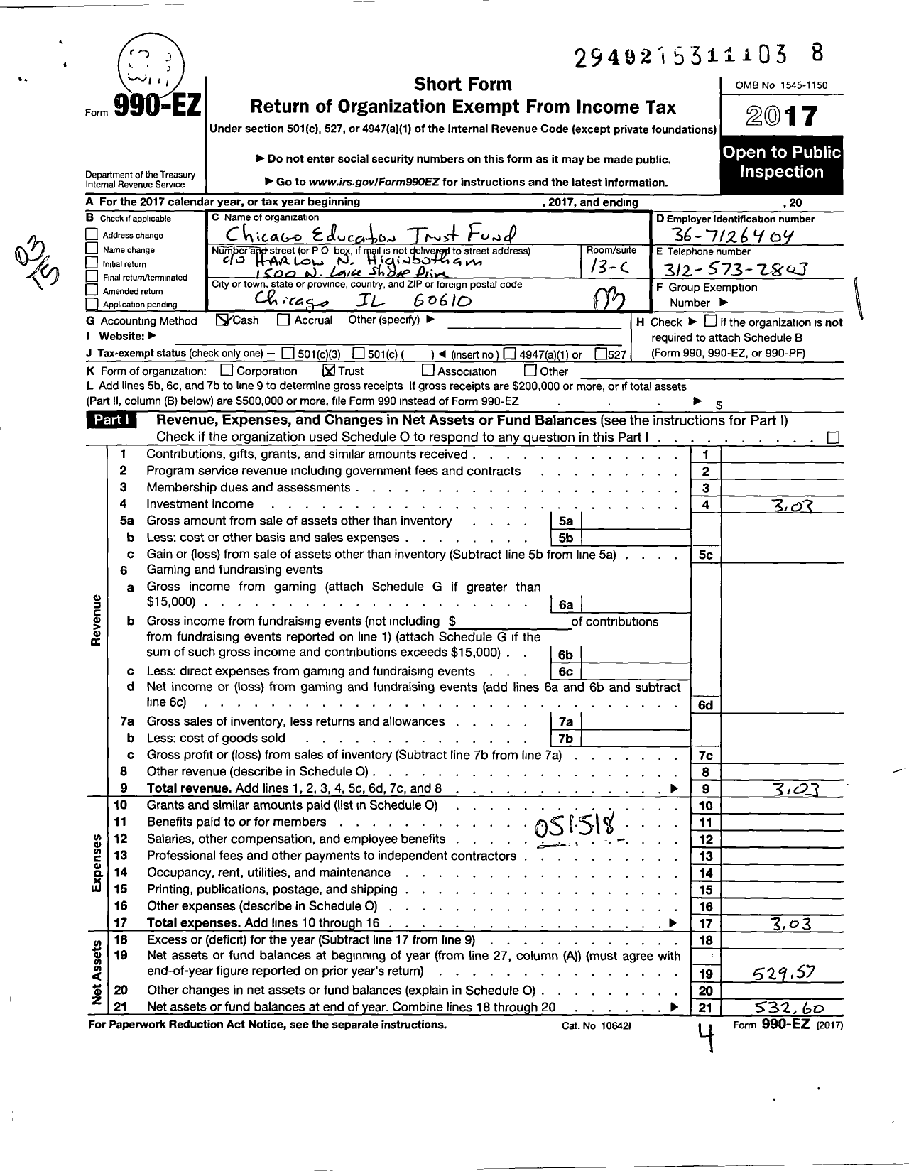 Image of first page of 2017 Form 990EZ for Chicago Education Trust Fund 121395