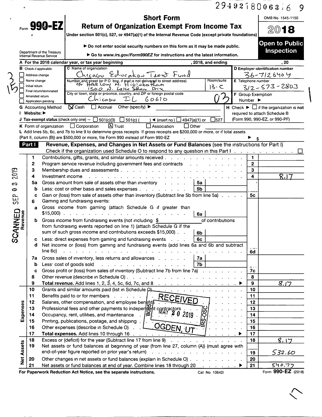 Image of first page of 2018 Form 990EZ for Chicago Education Trust Fund 121395