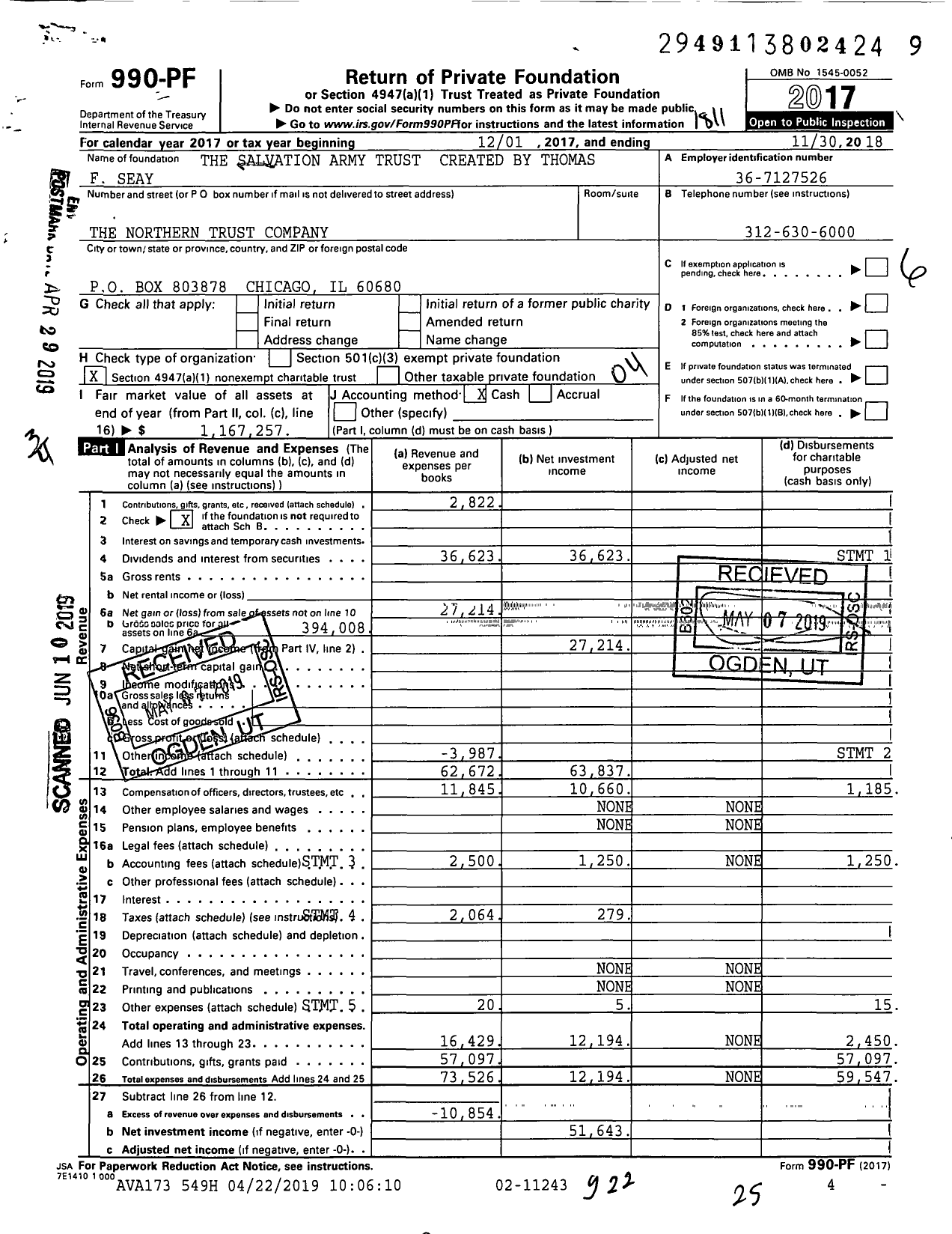 Image of first page of 2017 Form 990PF for The Salvation Army Trust Created By Thomas