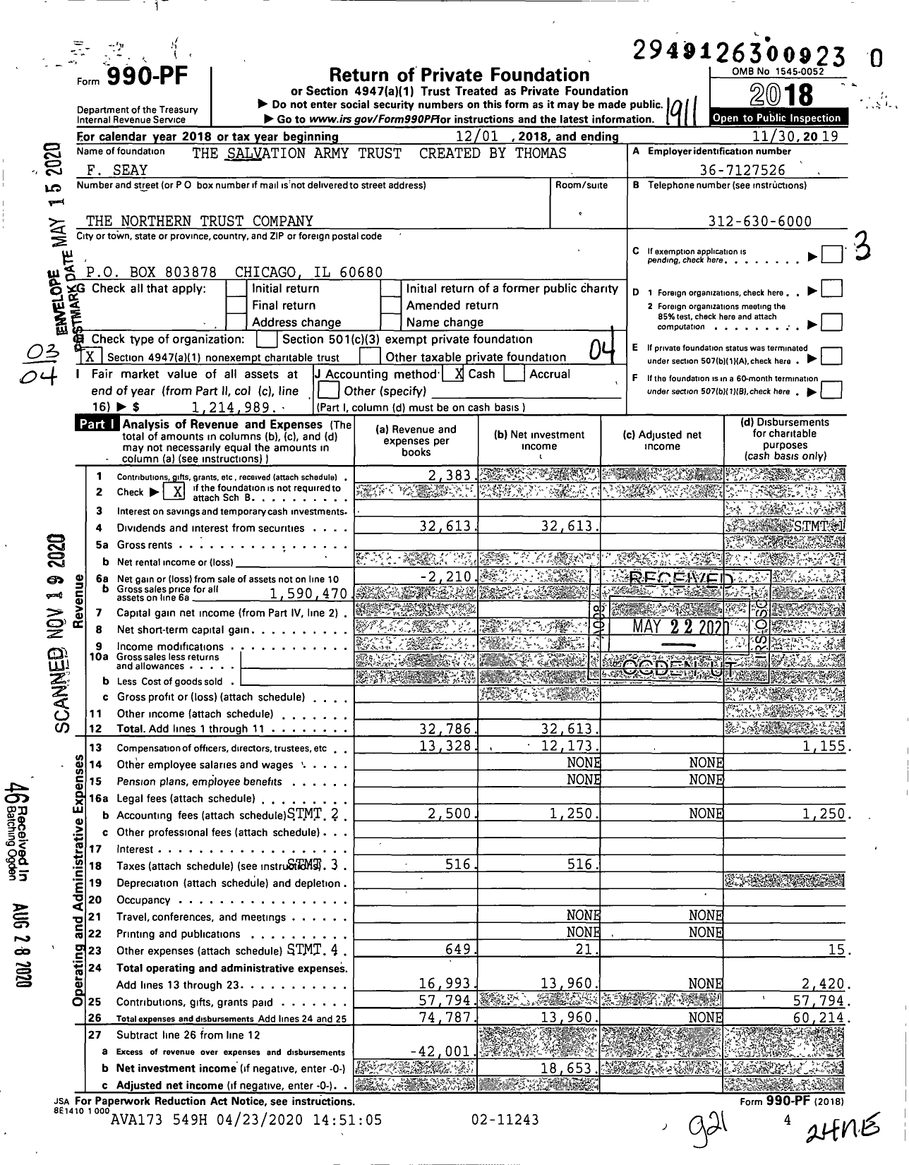 Image of first page of 2018 Form 990PF for The Salvation Army Trust Created By Thomas