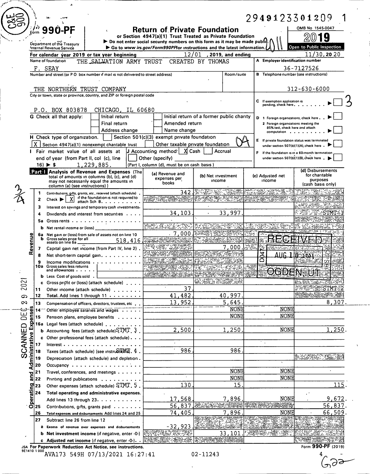 Image of first page of 2019 Form 990PF for The Salvation Army Trust Created By Thomas