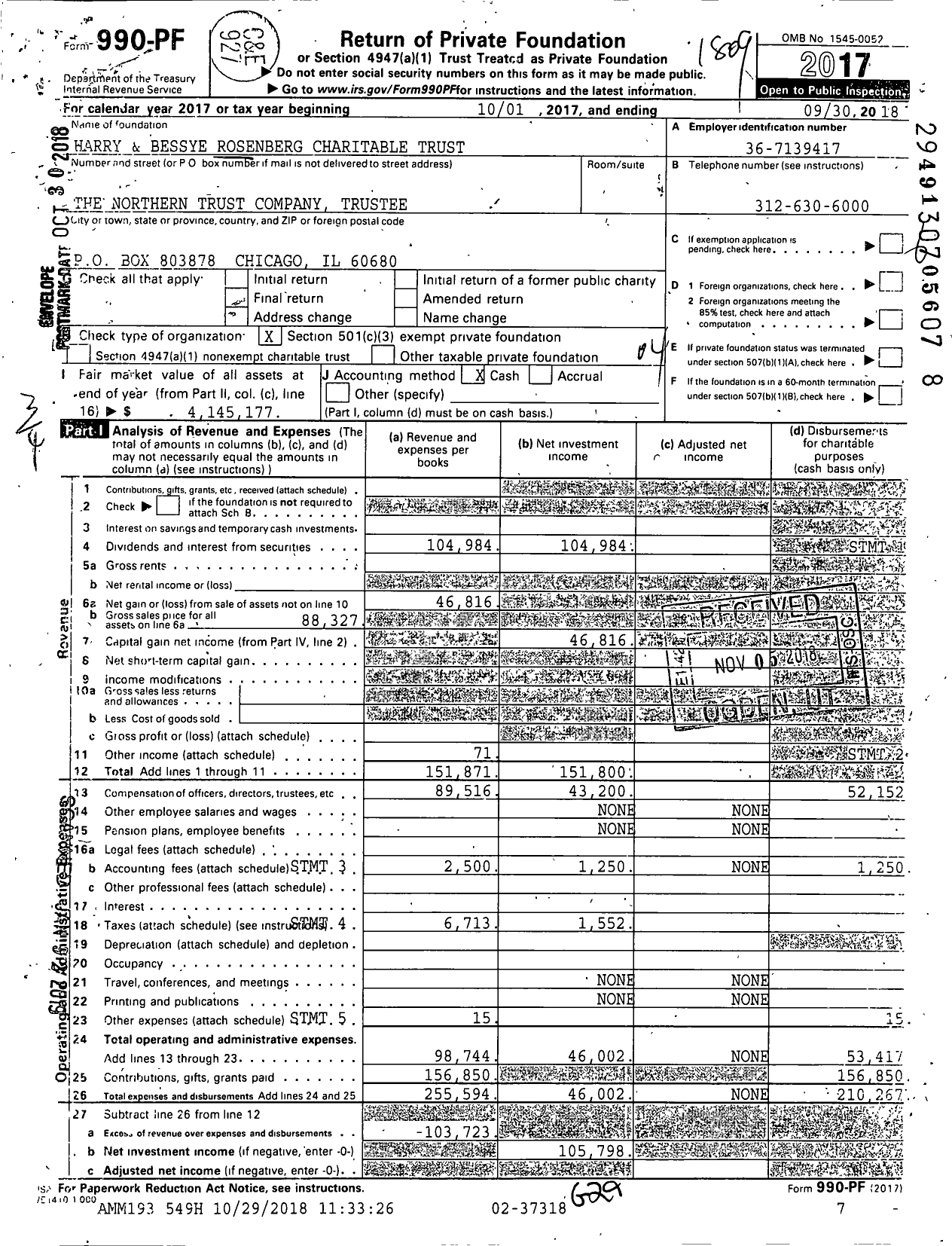 Image of first page of 2017 Form 990PF for Harry and Bessye Rosenberg Charitable Trust