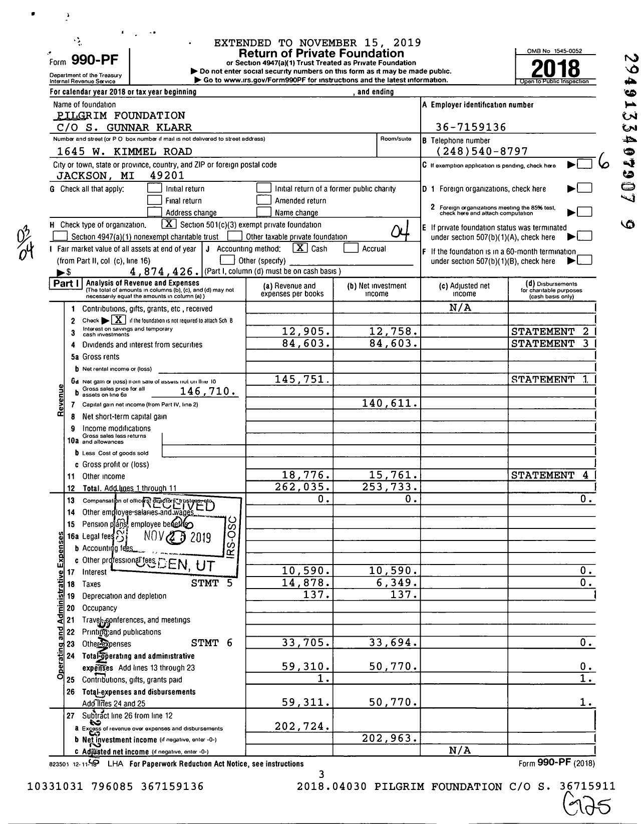 Image of first page of 2018 Form 990PF for Pilgrim Foundation / Klarr Louise & Gunnar Ttees