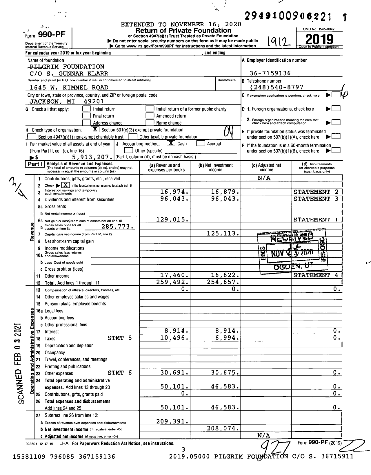 Image of first page of 2019 Form 990PF for Pilgrim Foundation / Klarr Louise & Gunnar Ttees