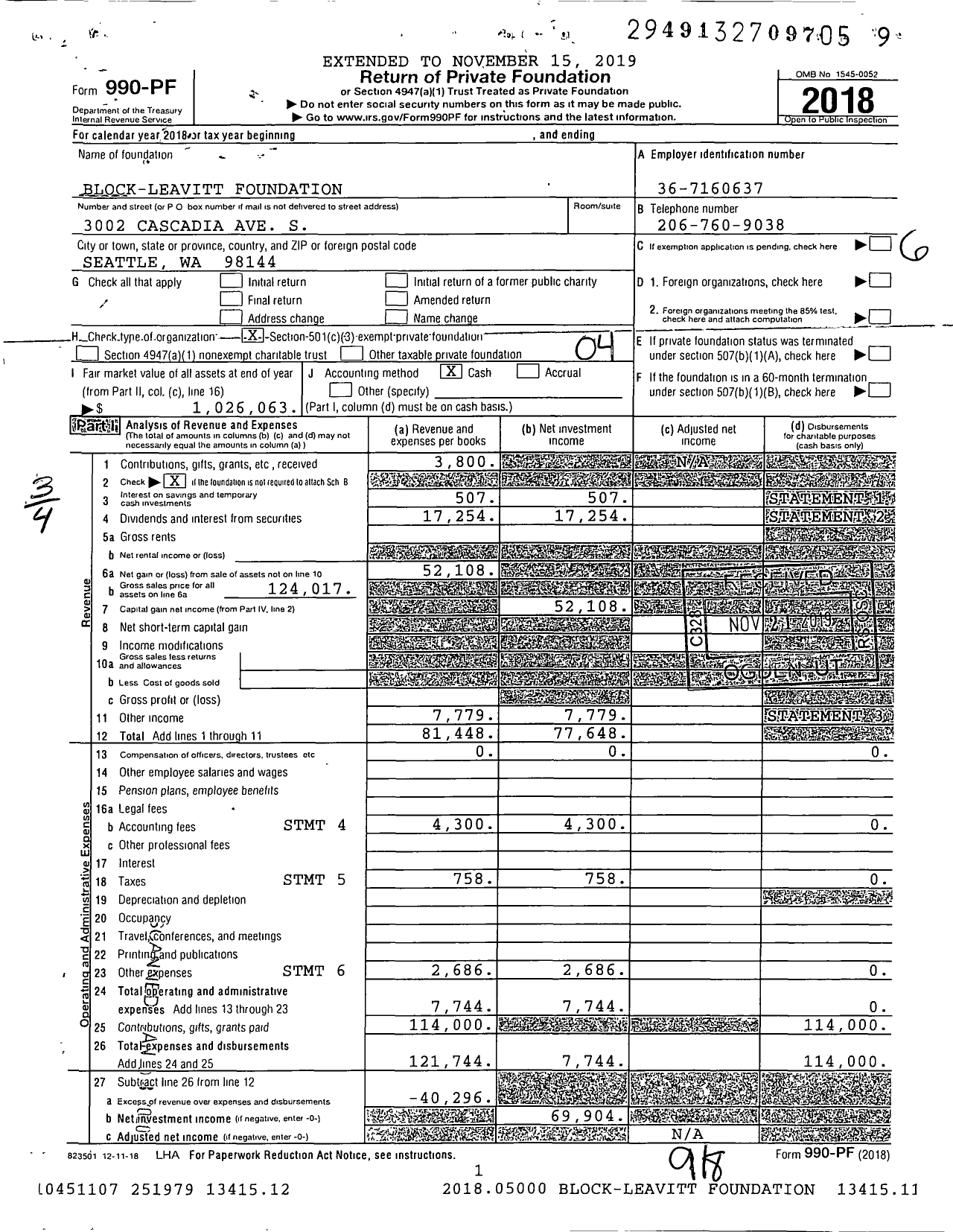 Image of first page of 2018 Form 990PF for Block-Leavitt Foundation