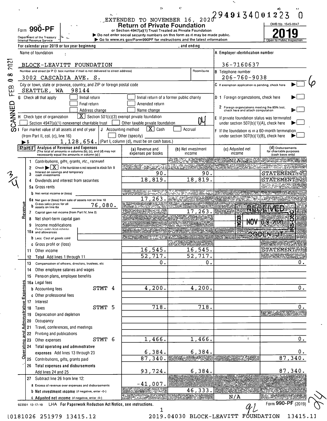 Image of first page of 2019 Form 990PF for Block-Leavitt Foundation