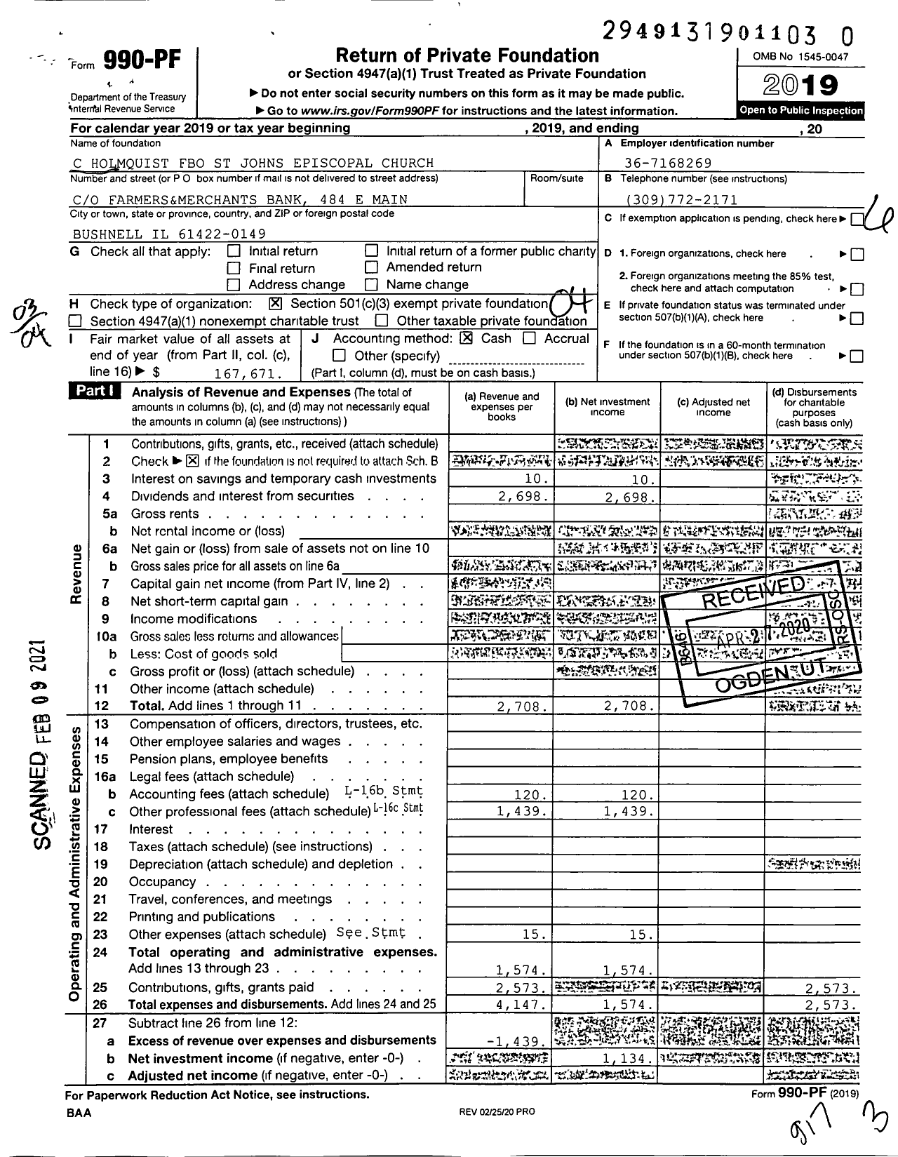 Image of first page of 2019 Form 990PF for C Holmquist Fbo St Johns Episcopal Church