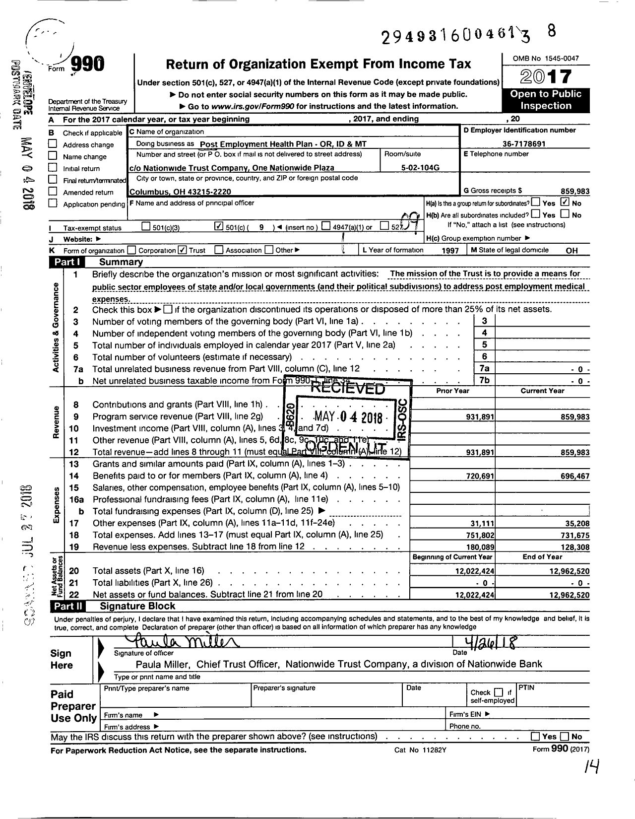 Image of first page of 2017 Form 990O for Trust for the Post Employment Health Plan for Public Employees - 2
