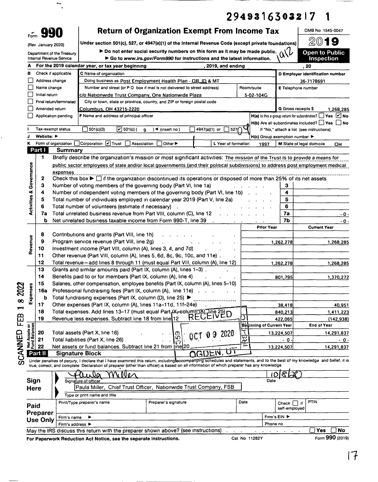 Image of first page of 2019 Form 990O for Trust for the Post Employment Health Plan for Public Employees - 2