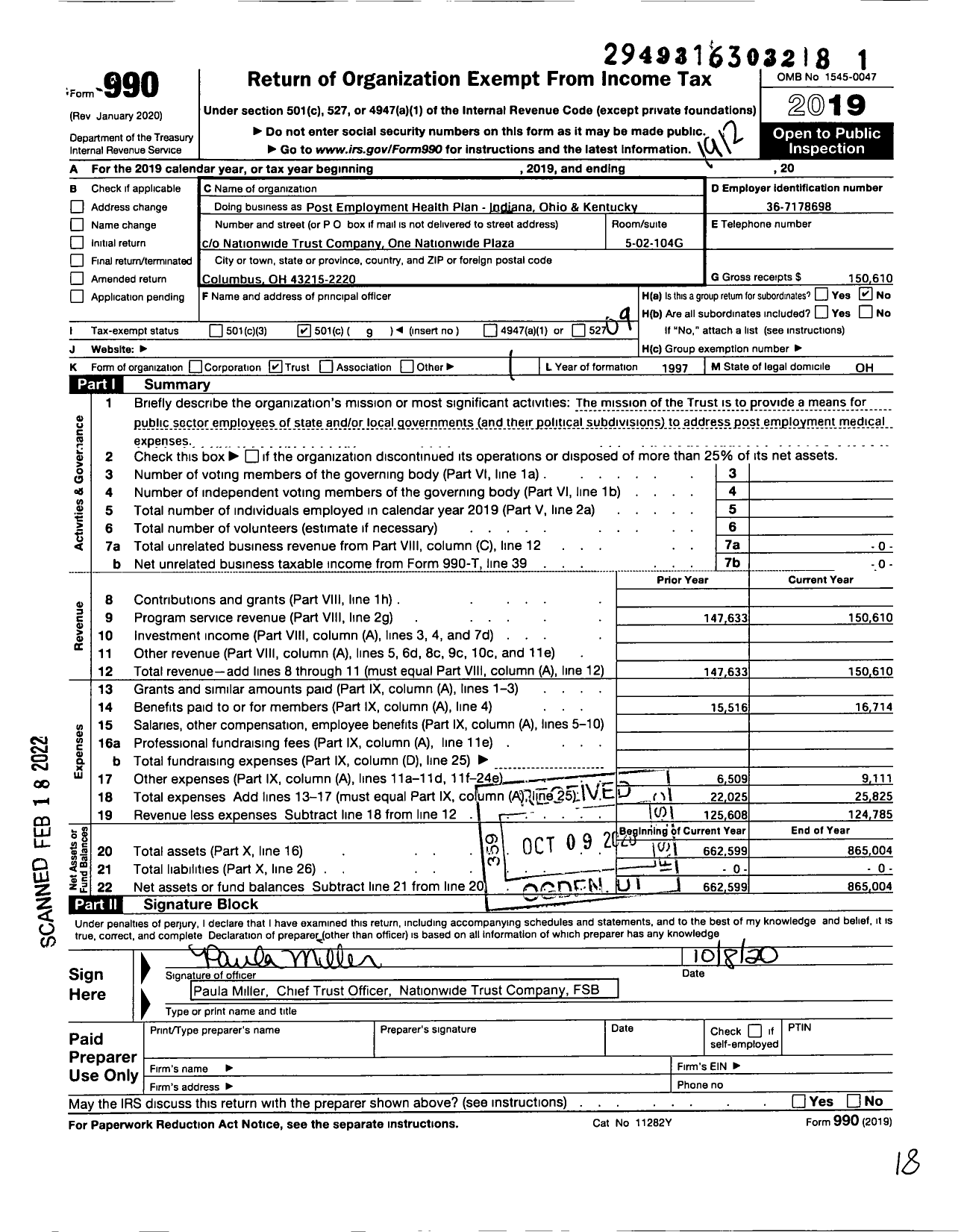 Image of first page of 2019 Form 990O for Trust for the Post Employment Health Plan for Public Employees - A