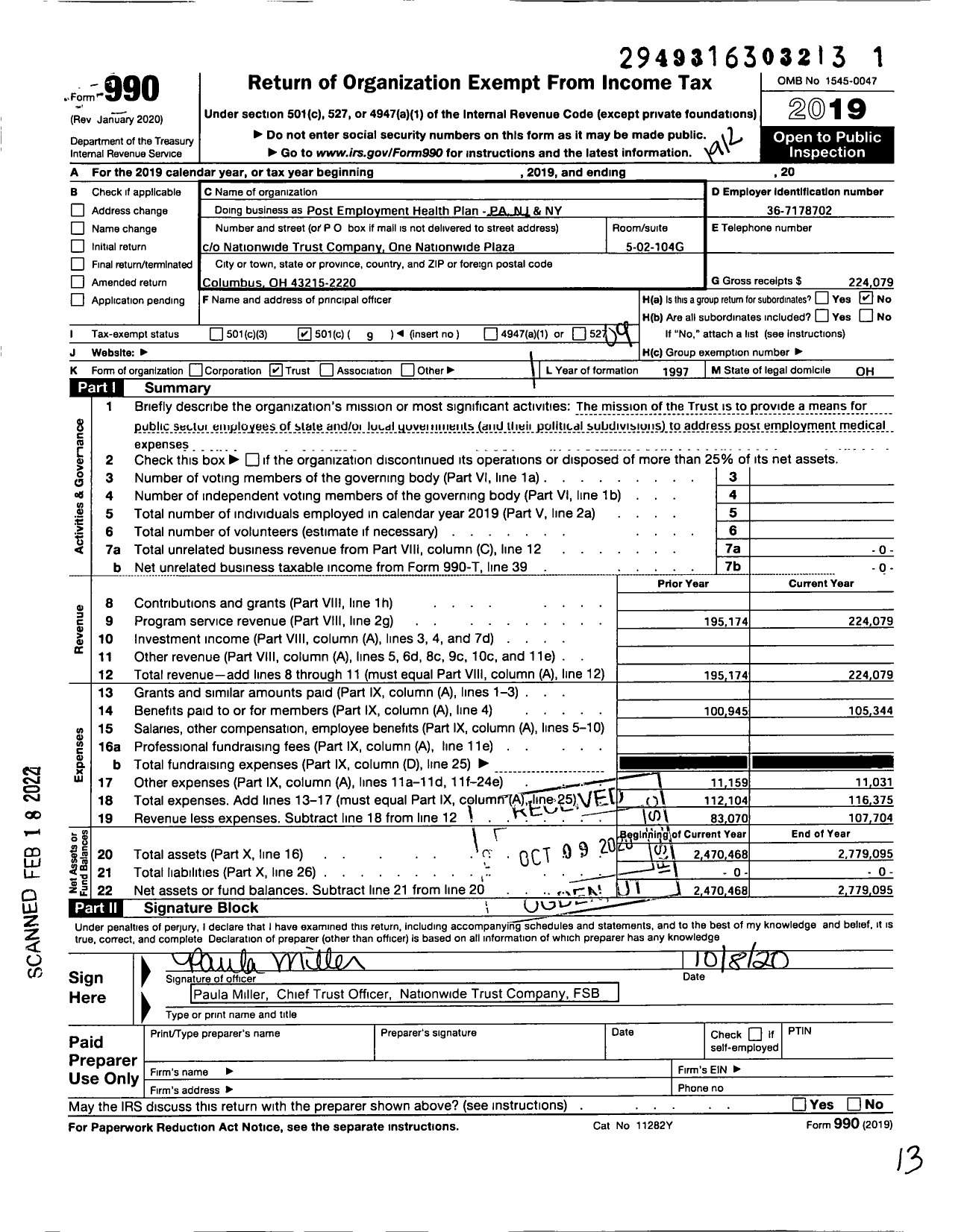 Image of first page of 2019 Form 990O for Trust For The Post Employment Health Plan For Public Employees - E