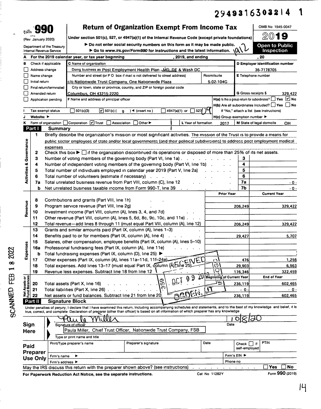 Image of first page of 2019 Form 990O for The Trust For The Post Employment Health Plan For Non-Collectively Bargained Public Employ