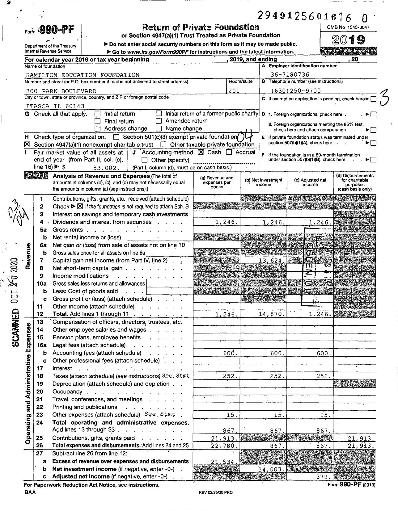 Image of first page of 2019 Form 990PR for Hamilton Education Foundation / Hamilton A K Hamilton M Hamilton