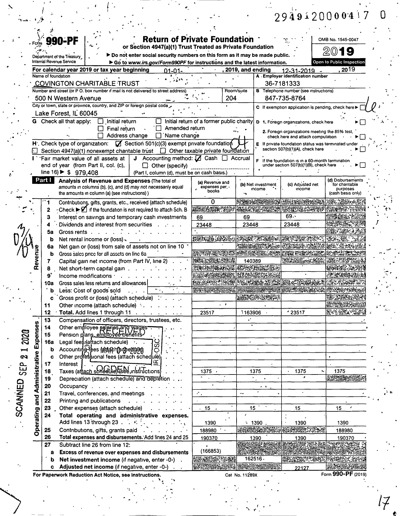 Image of first page of 2019 Form 990PR for Covington Charitable Trust