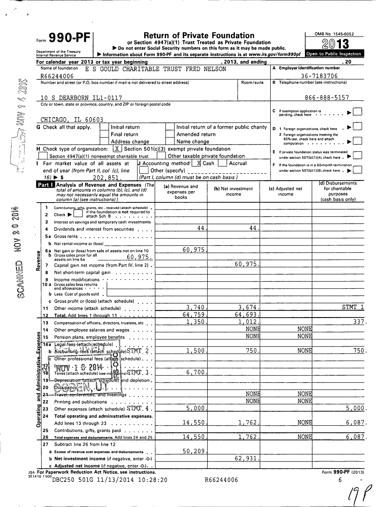 Image of first page of 2013 Form 990PF for E S Gould Charitable Trust Fred Nelson