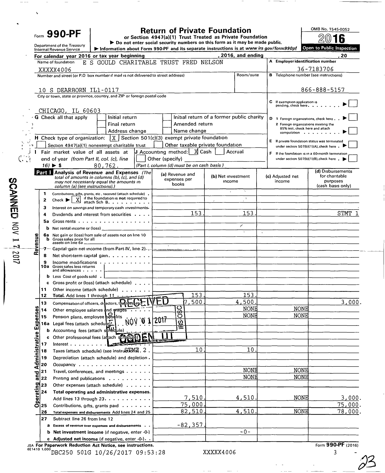 Image of first page of 2016 Form 990PF for E S Gould Charitable Trust Fred Nelson