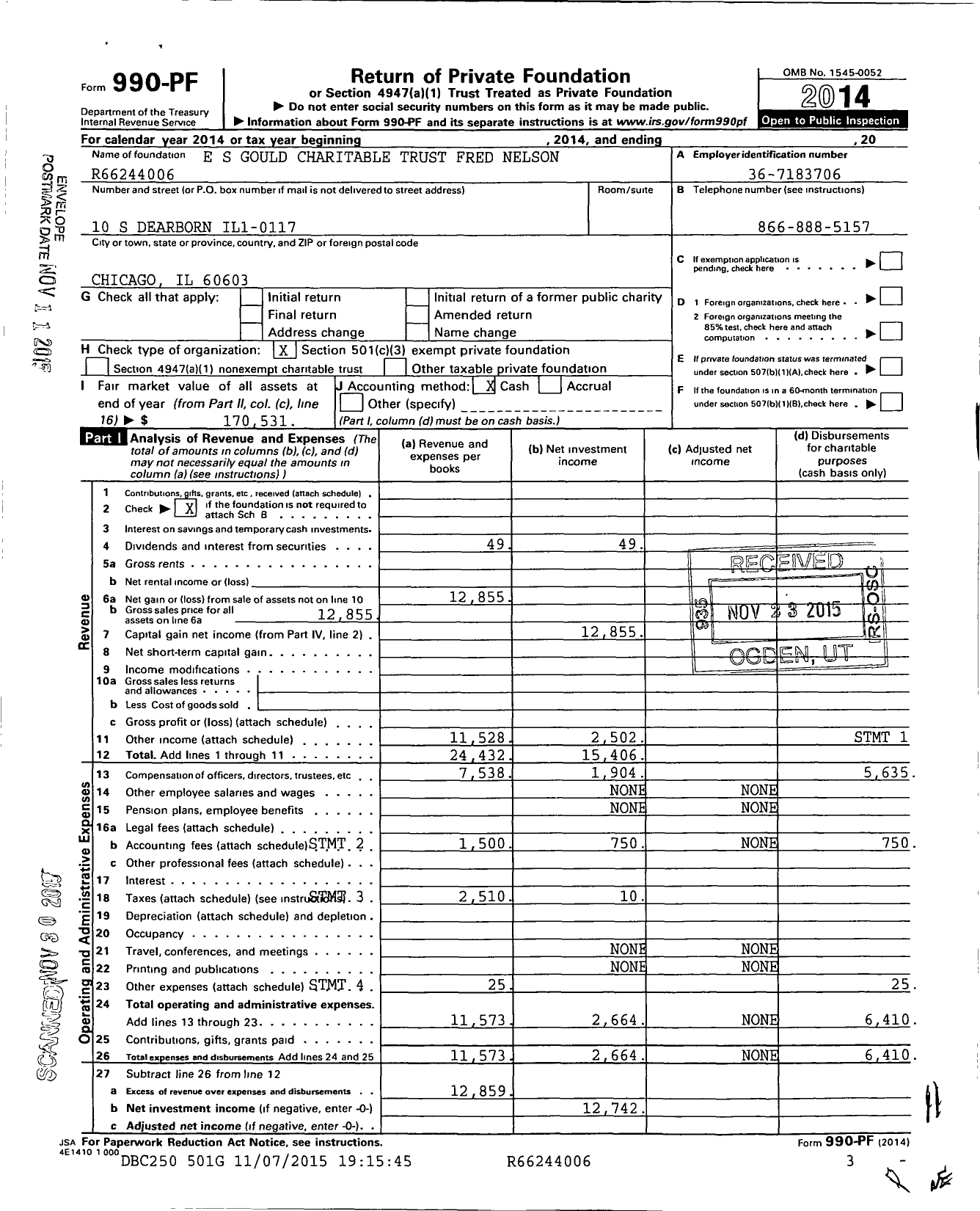 Image of first page of 2014 Form 990PF for E S Gould Charitable Trust Fred Nelson