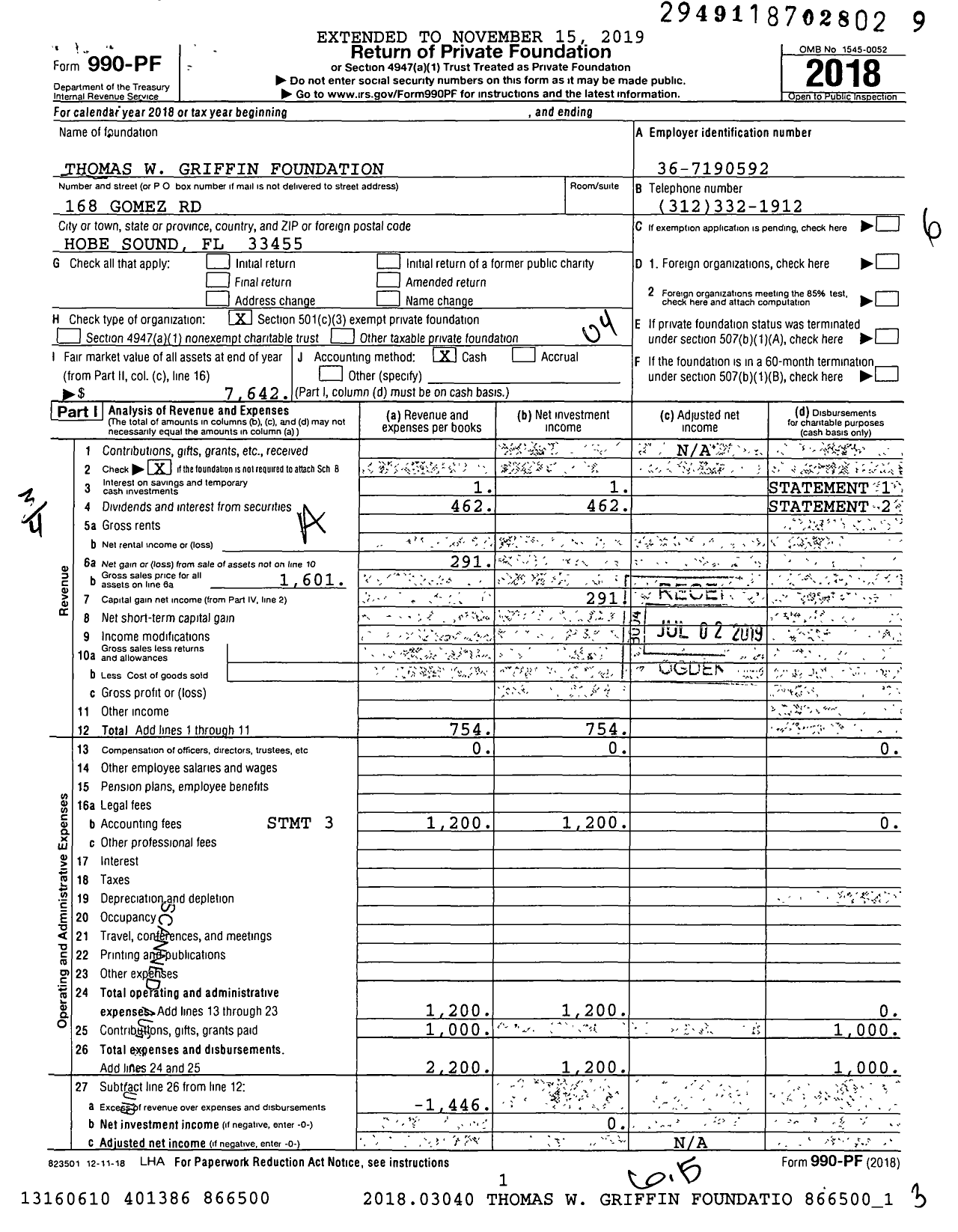 Image of first page of 2018 Form 990PF for Thomas W Griffin Foundation