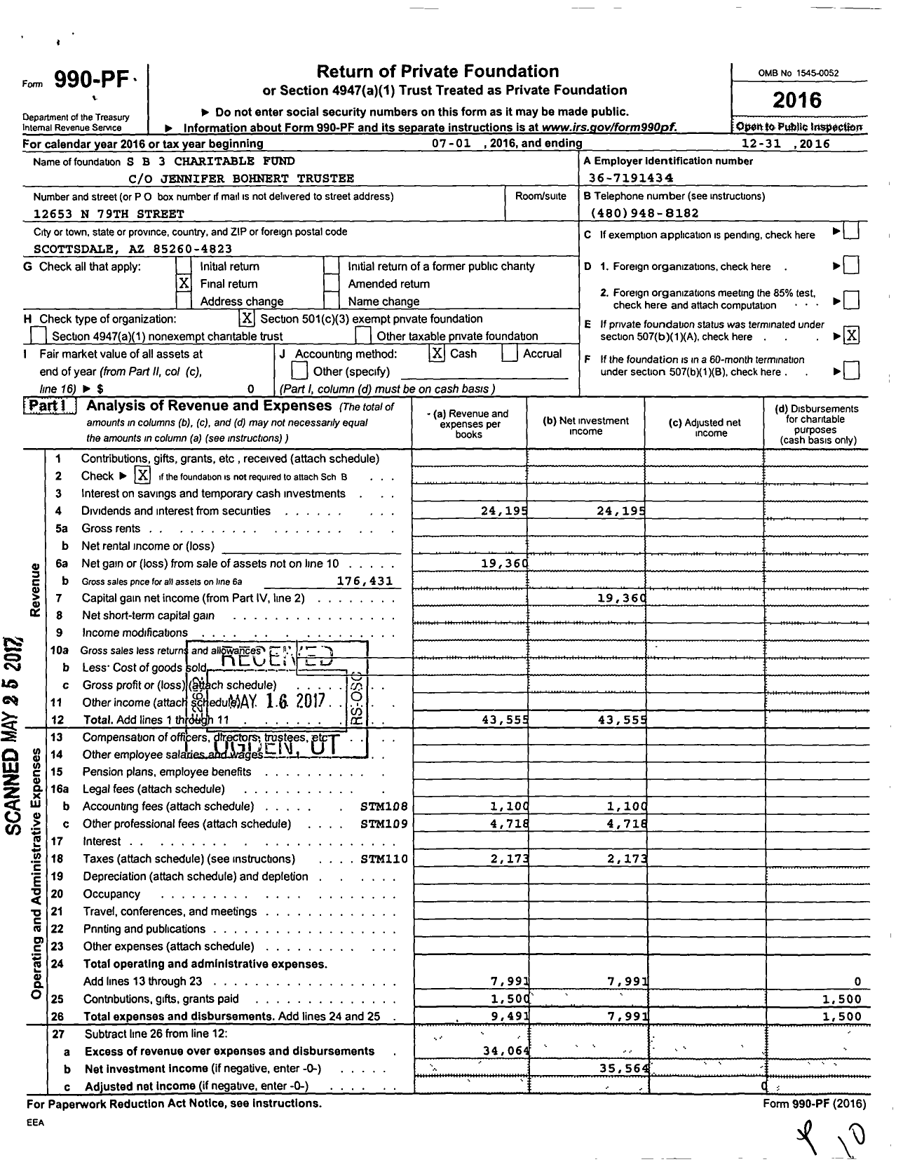 Image of first page of 2016 Form 990PF for SB3 B 3 Charitable Fund