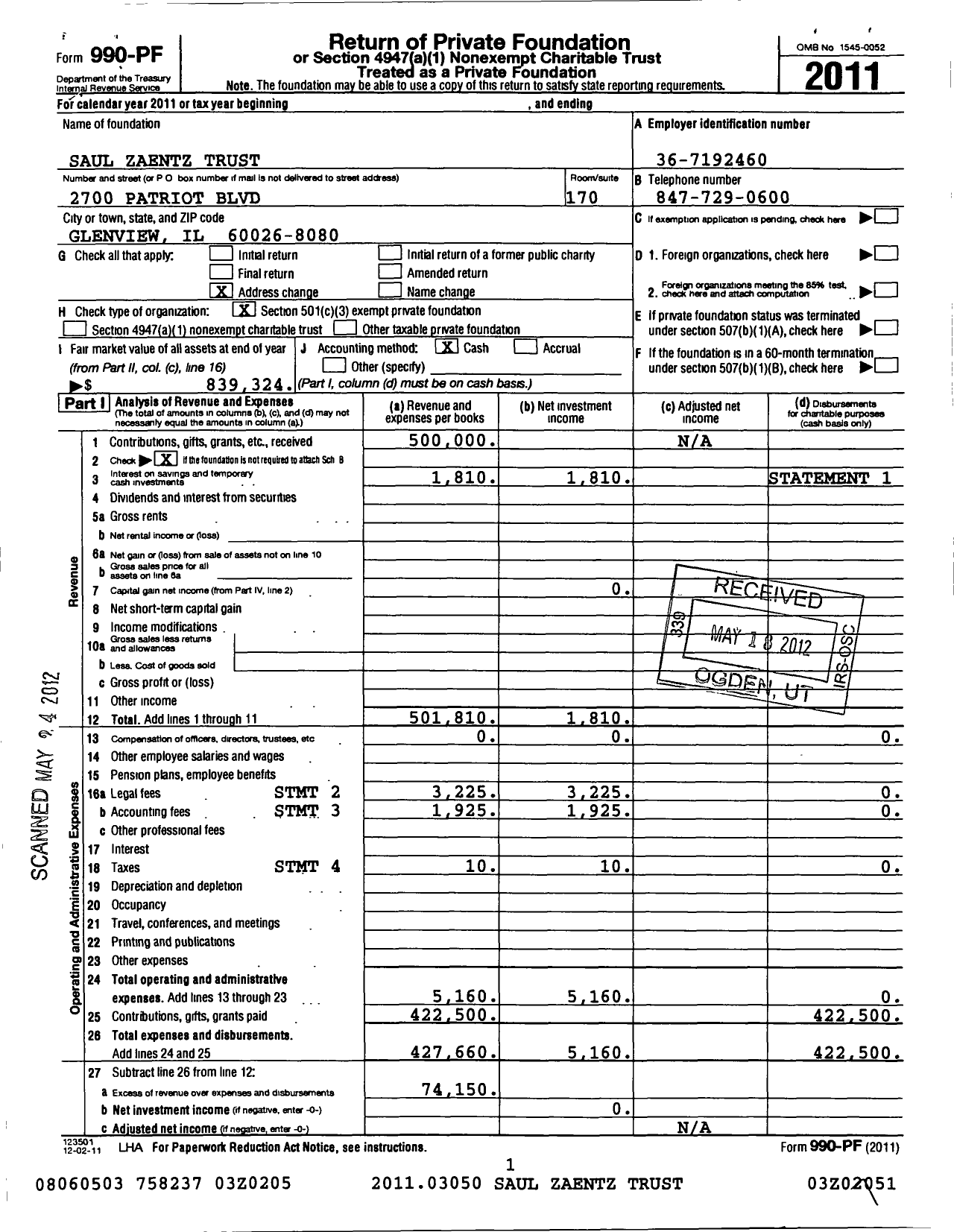 Image of first page of 2011 Form 990PF for Saul Zaentz Trust