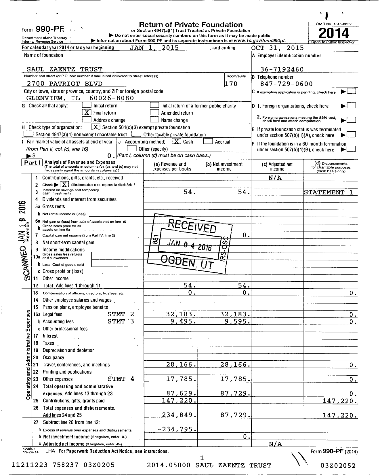 Image of first page of 2014 Form 990PF for Saul Zaentz Trust