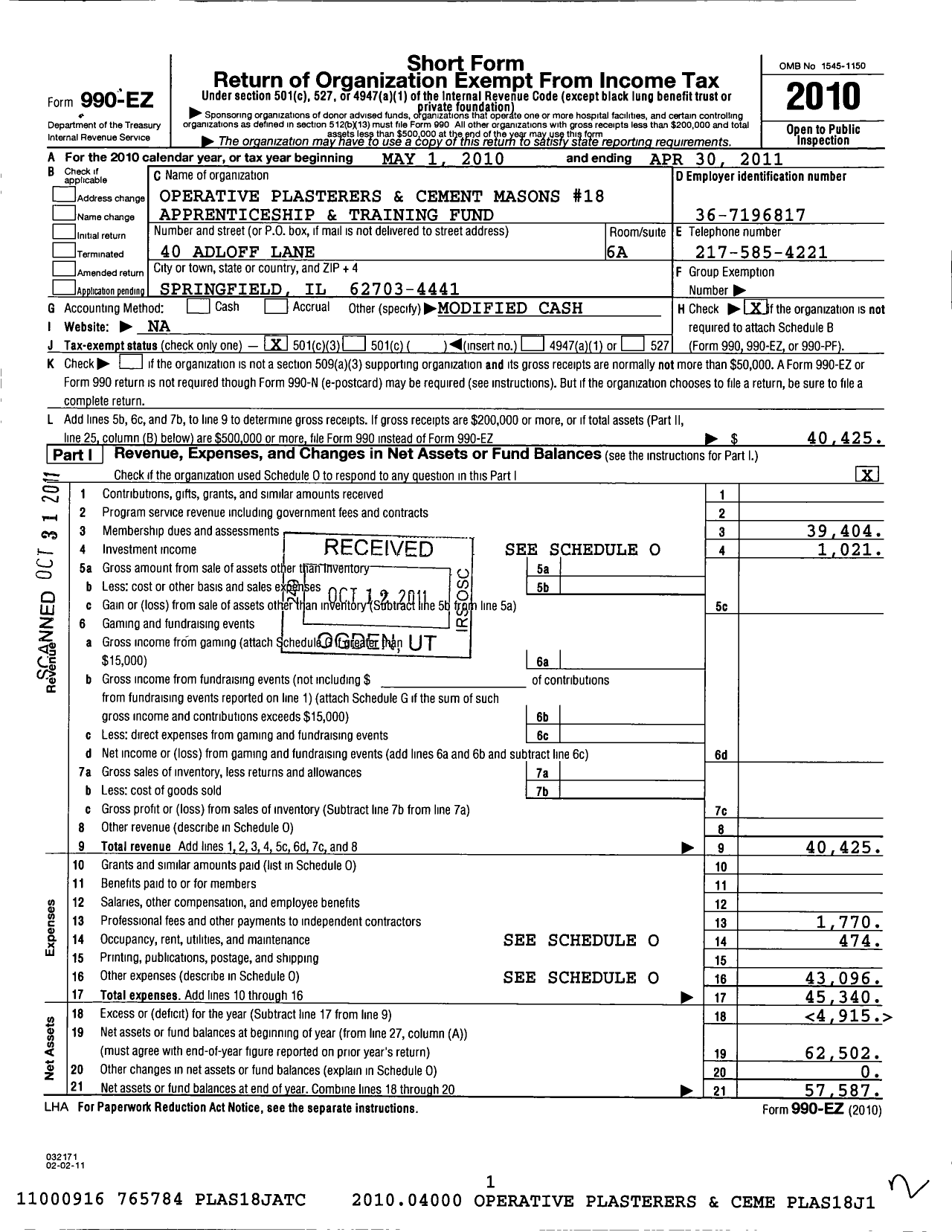 Image of first page of 2010 Form 990EZ for Plasterers Local 18 Apprenticeship and Training Fund