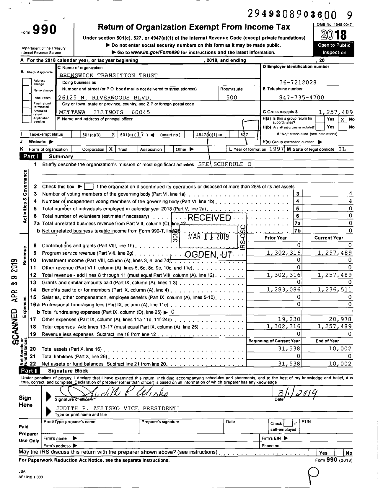 Image of first page of 2018 Form 990O for Brunswick Transition Trust