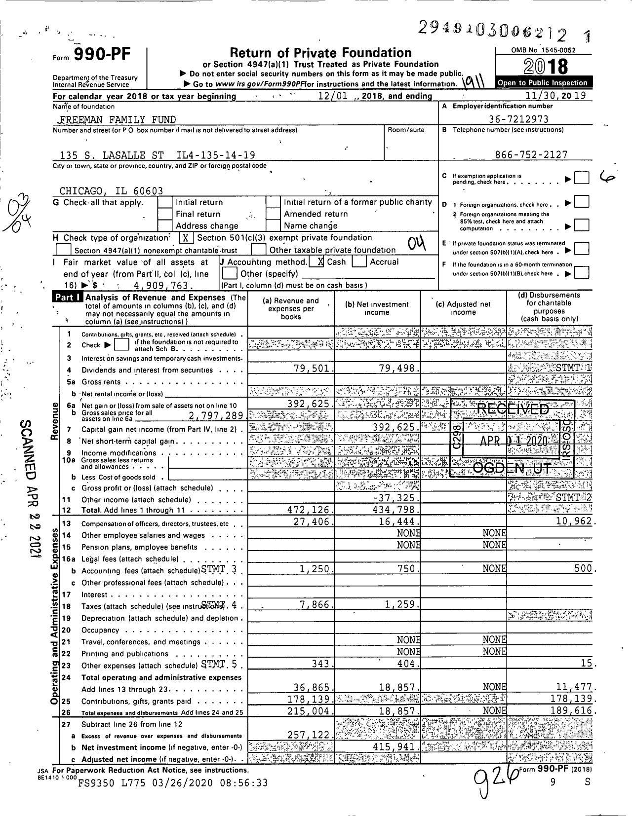 Image of first page of 2018 Form 990PF for Freeman Family Fund