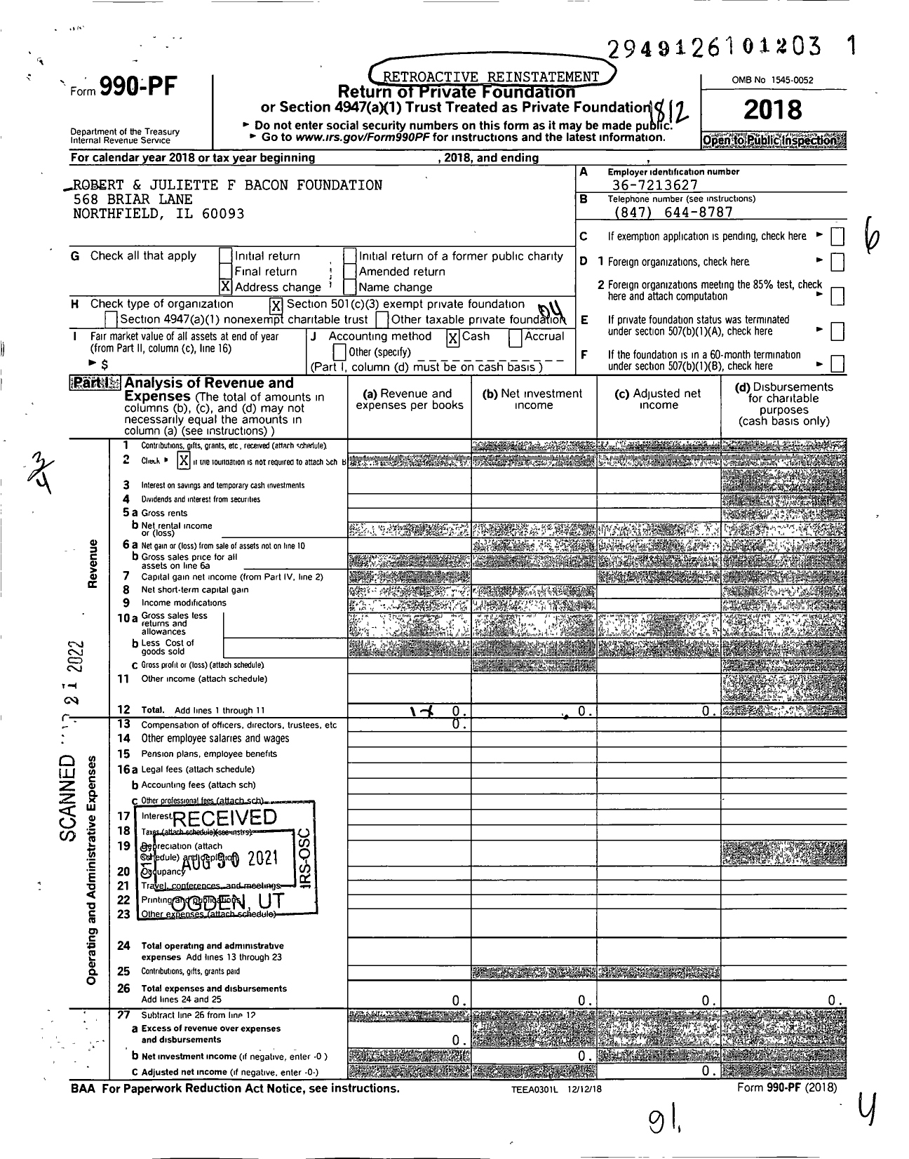 Image of first page of 2018 Form 990PF for Robert & Juliette F Bacon Foundation