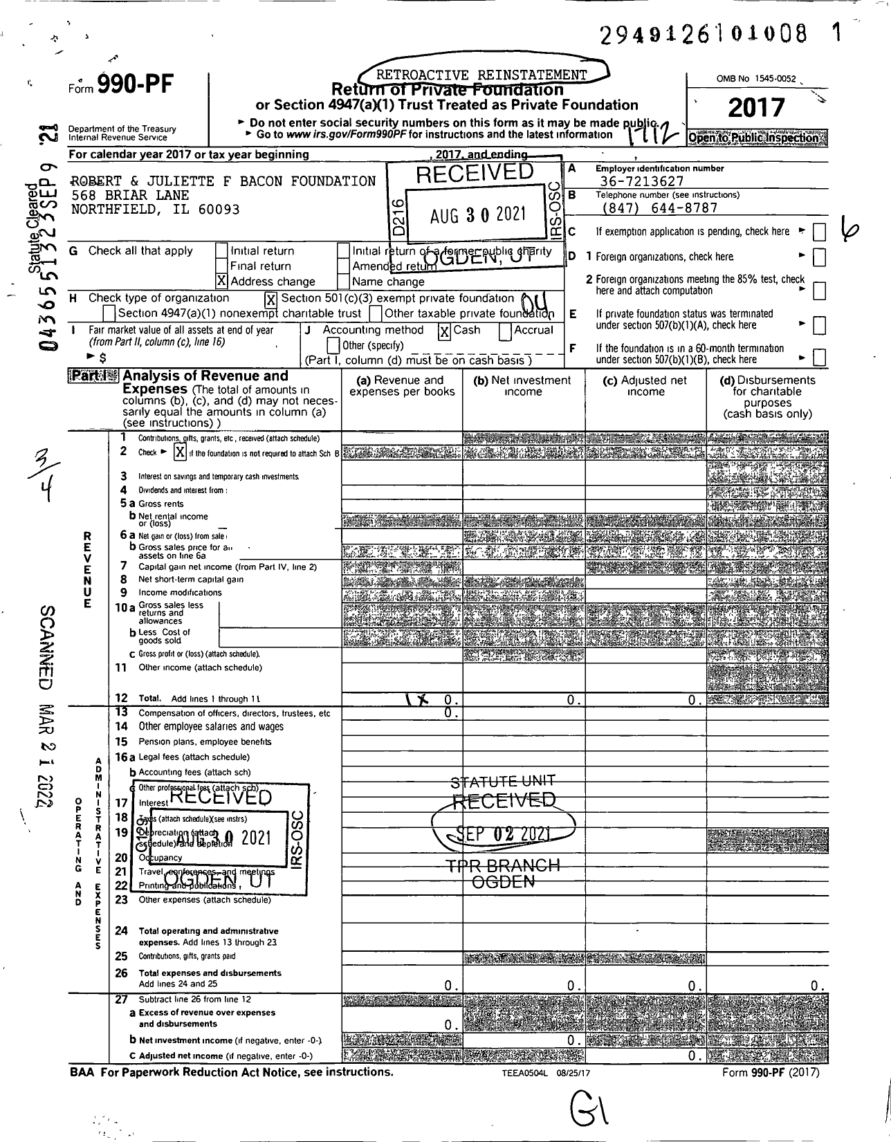 Image of first page of 2017 Form 990PF for Robert & Juliette F Bacon Foundation