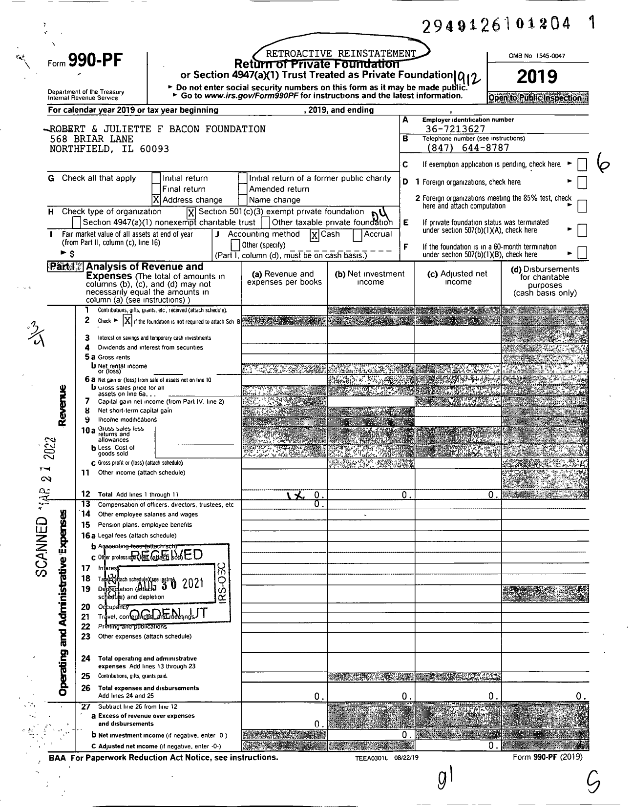 Image of first page of 2019 Form 990PF for Robert & Juliette F Bacon Foundation