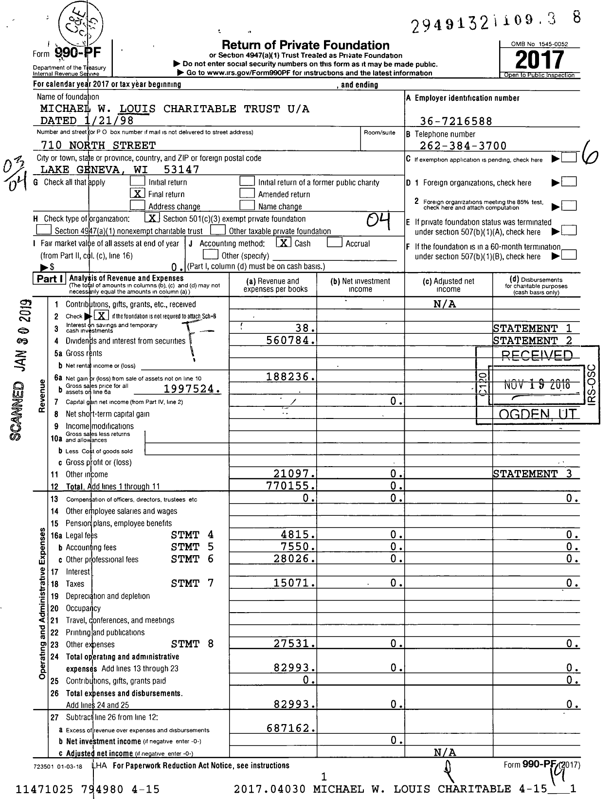 Image of first page of 2017 Form 990PF for Michael W Louis Charitable Trust