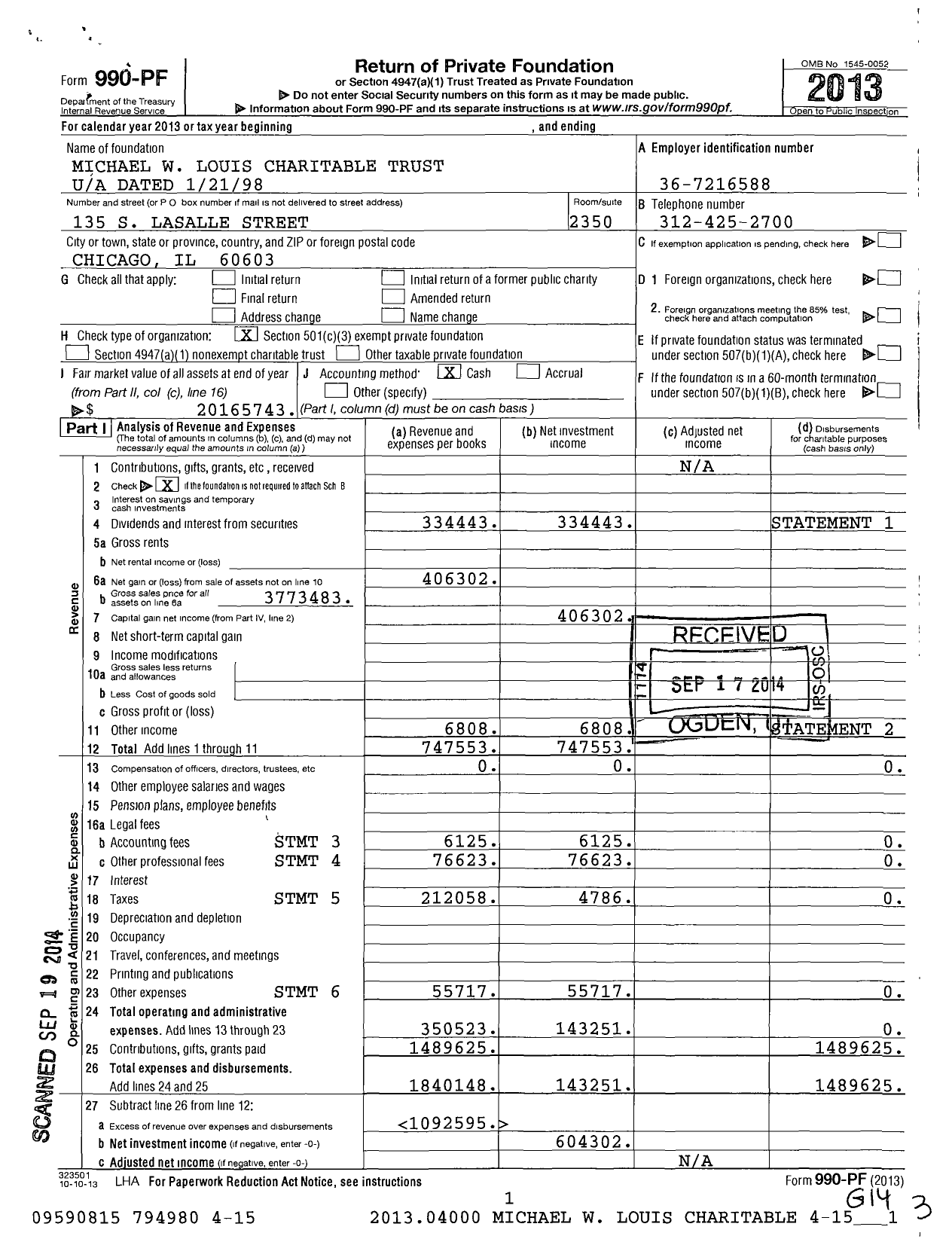 Image of first page of 2013 Form 990PF for Michael W Louis Charitable Trust