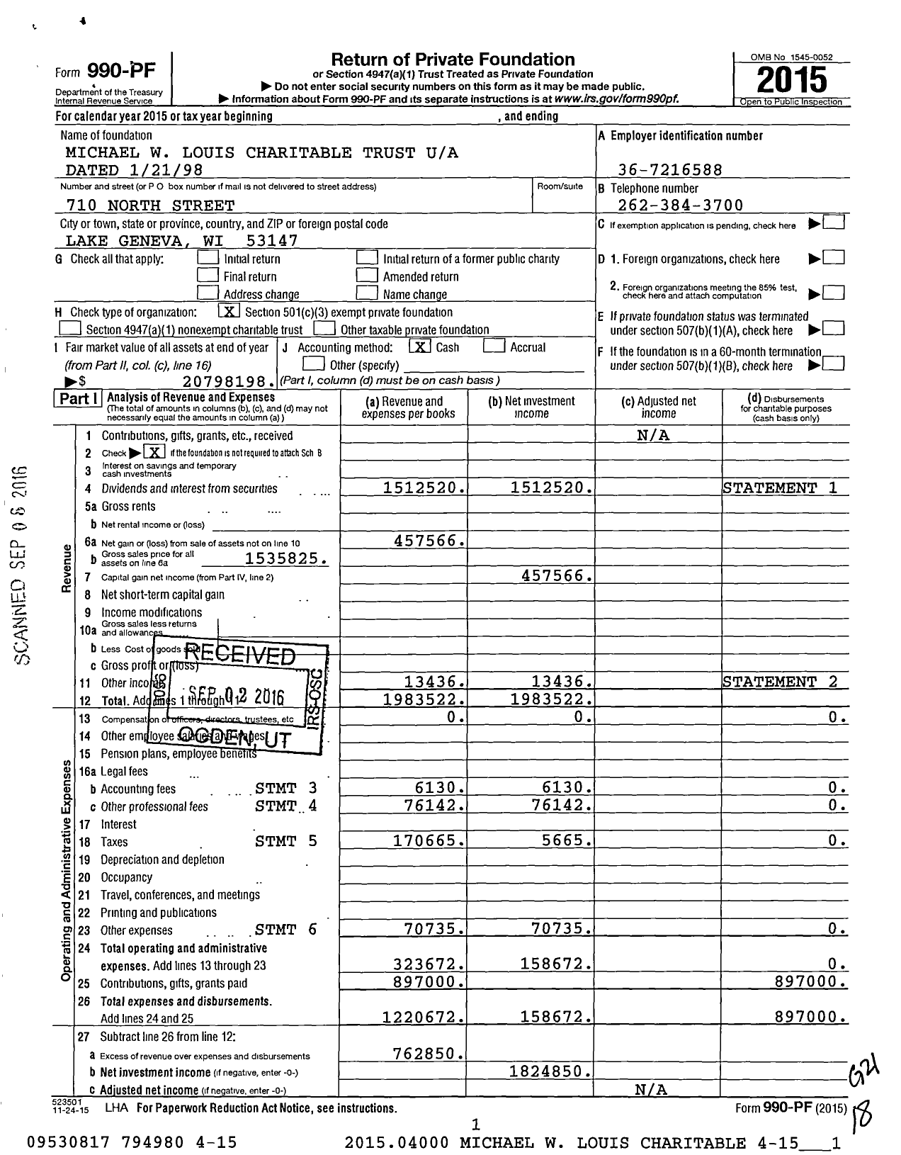 Image of first page of 2015 Form 990PF for Michael W Louis Charitable Trust