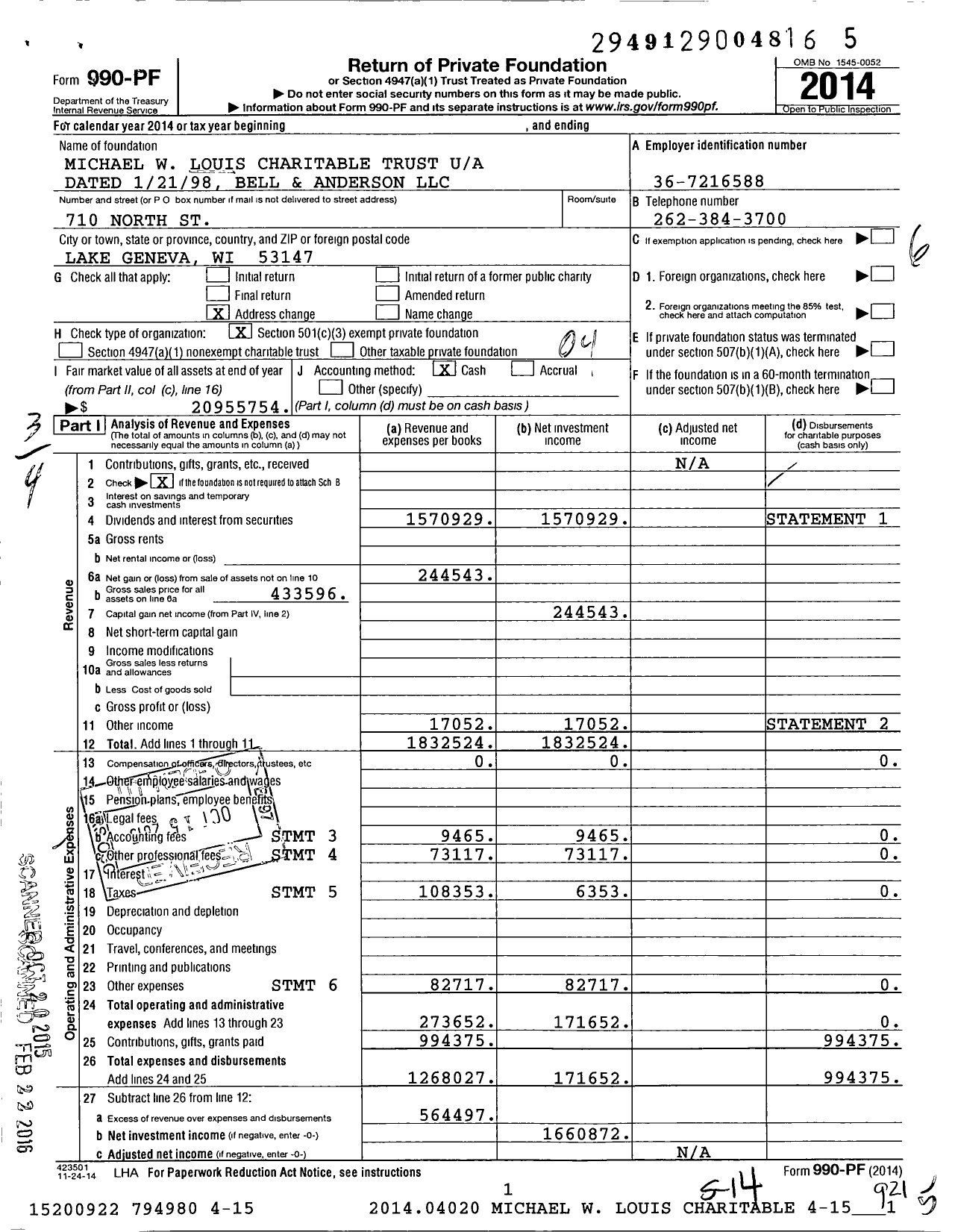 Image of first page of 2014 Form 990PF for Michael W Louis Charitable Trust