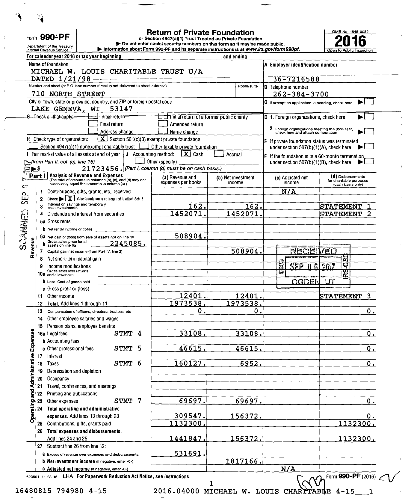 Image of first page of 2016 Form 990PF for Michael W Louis Charitable Trust