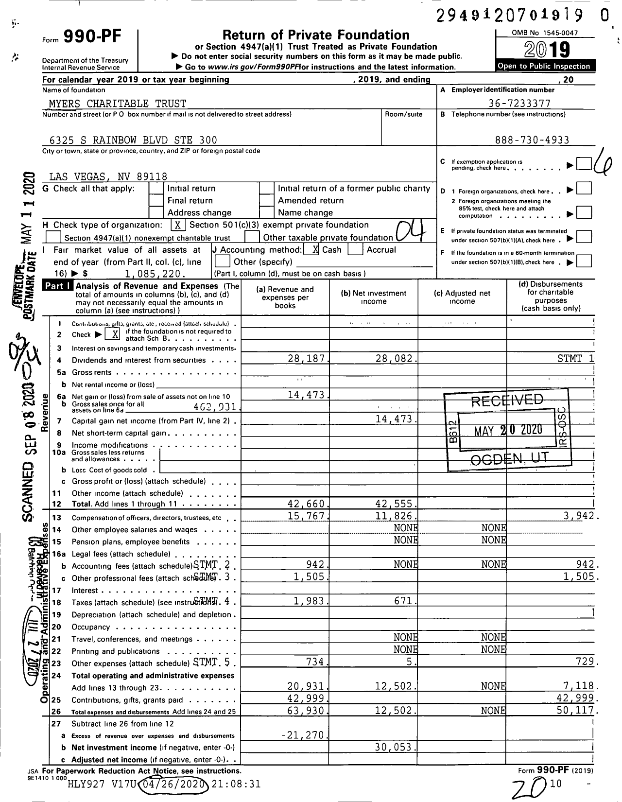 Image of first page of 2019 Form 990PR for Myers Charitable Trust