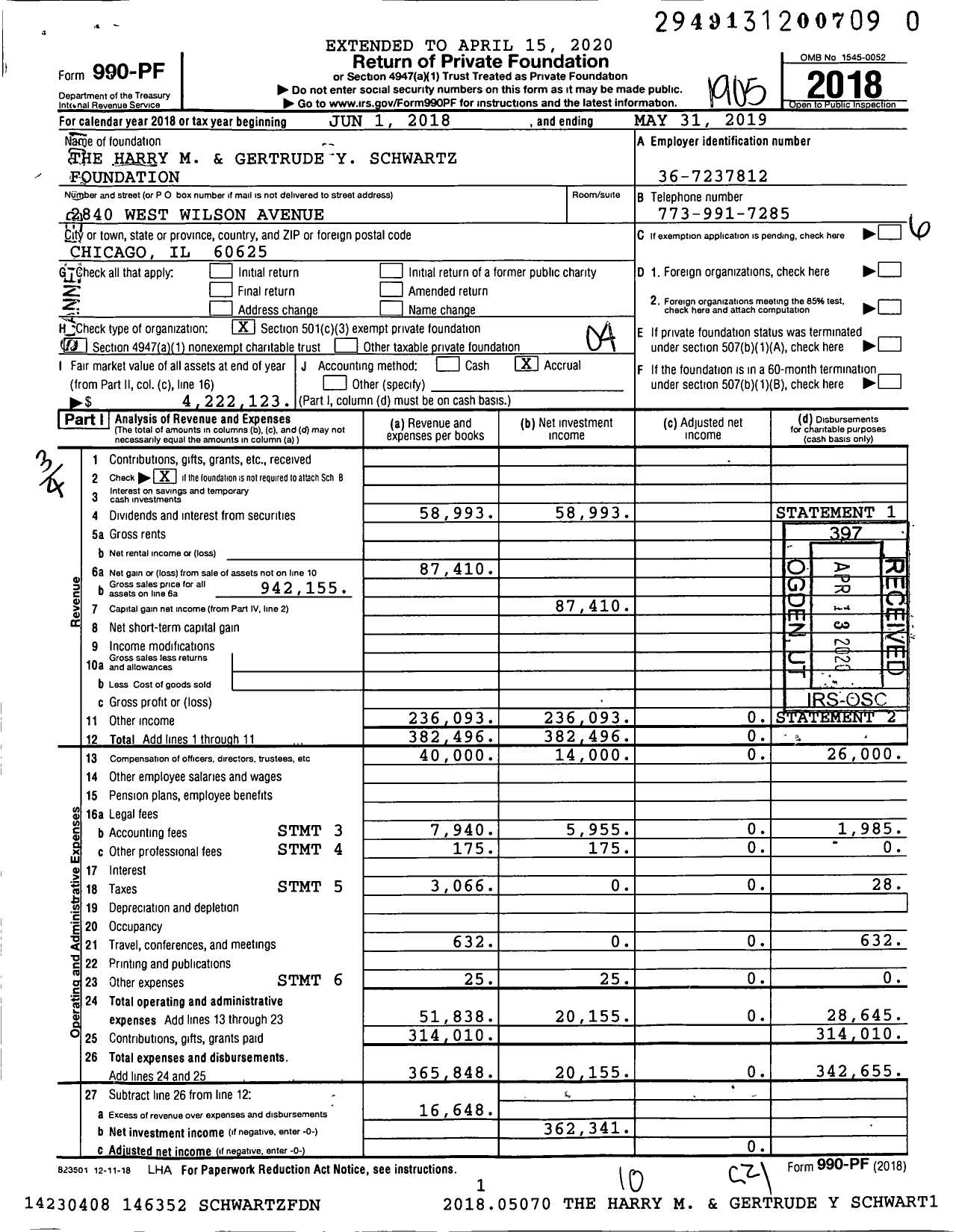 Image of first page of 2018 Form 990PF for The Harry M and Gertrude Y Schwartz Foundation