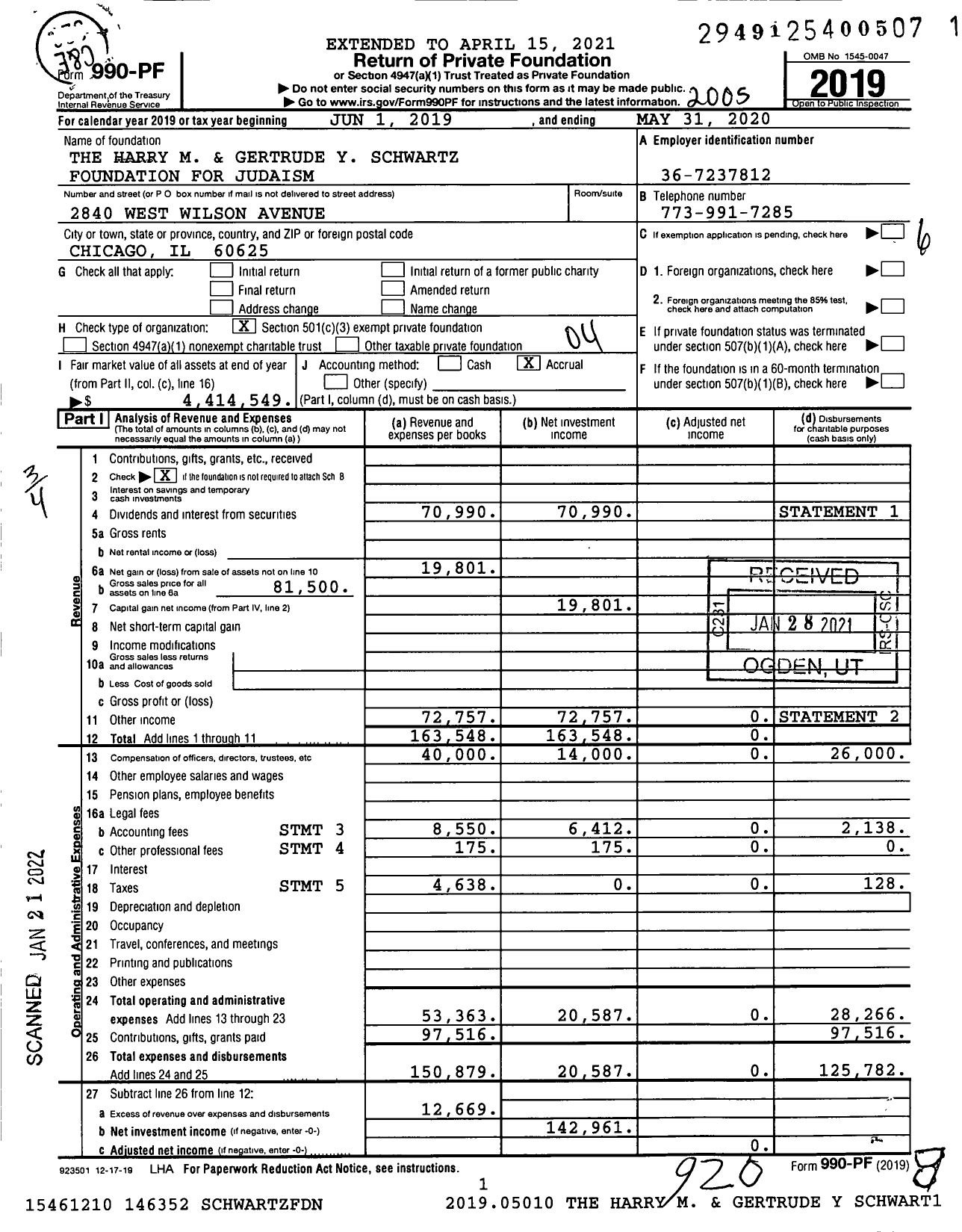 Image of first page of 2019 Form 990PF for The Harry M and Gertrude Y Schwartz Foundation