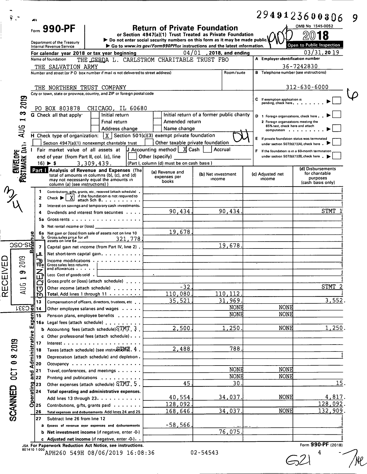 Image of first page of 2018 Form 990PF for THE GERDA L CARLSTROM Charitable Trust Fbo