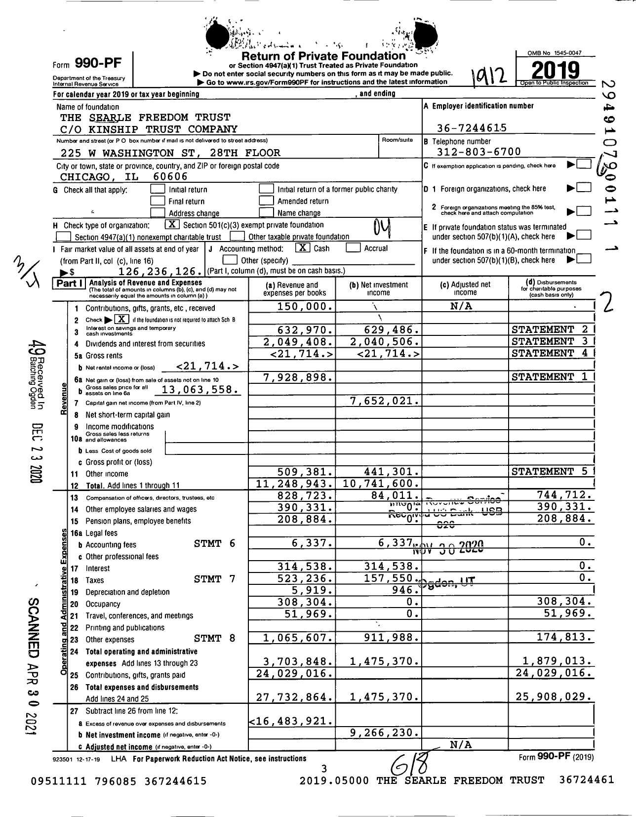 Image of first page of 2019 Form 990PF for Searle Freedom Trust