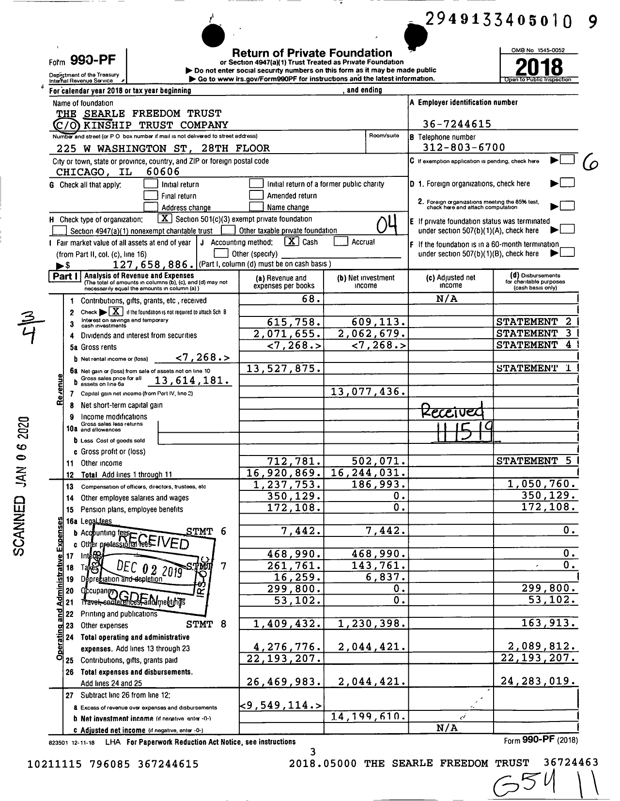 Image of first page of 2018 Form 990PF for Searle Freedom Trust