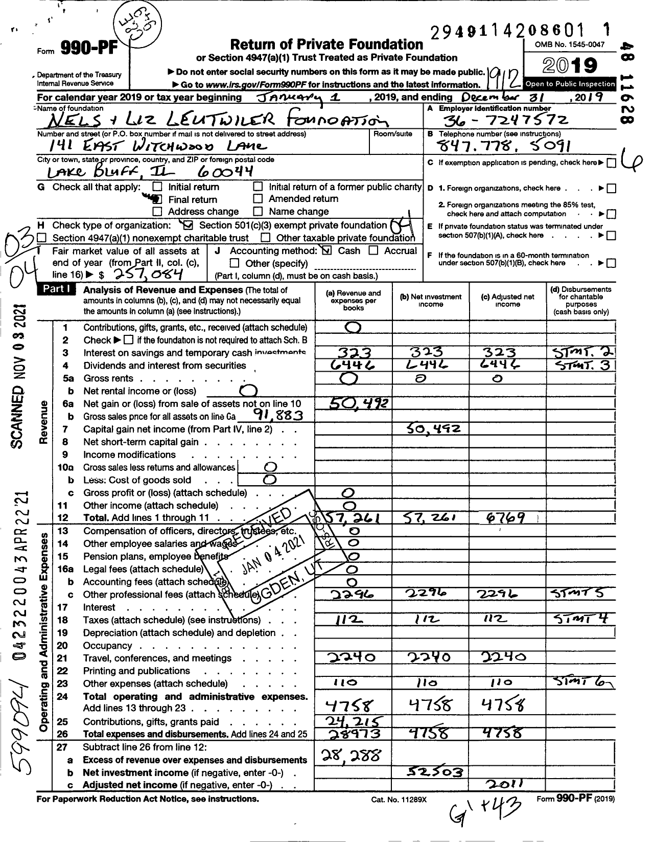 Image of first page of 2019 Form 990PF for Nels and Liz Leutwiler Foundation