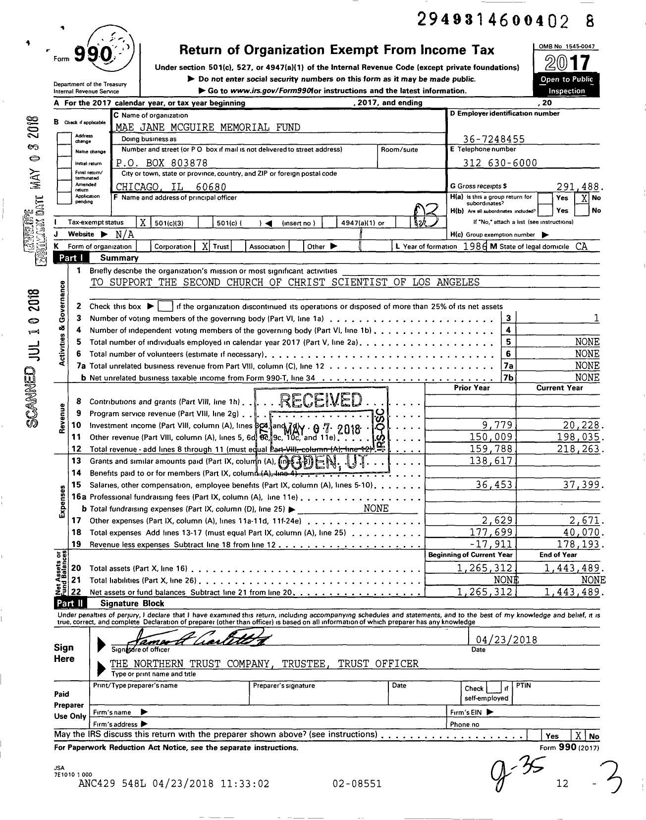 Image of first page of 2017 Form 990 for Mae Jane Mcguire Memorial Fund