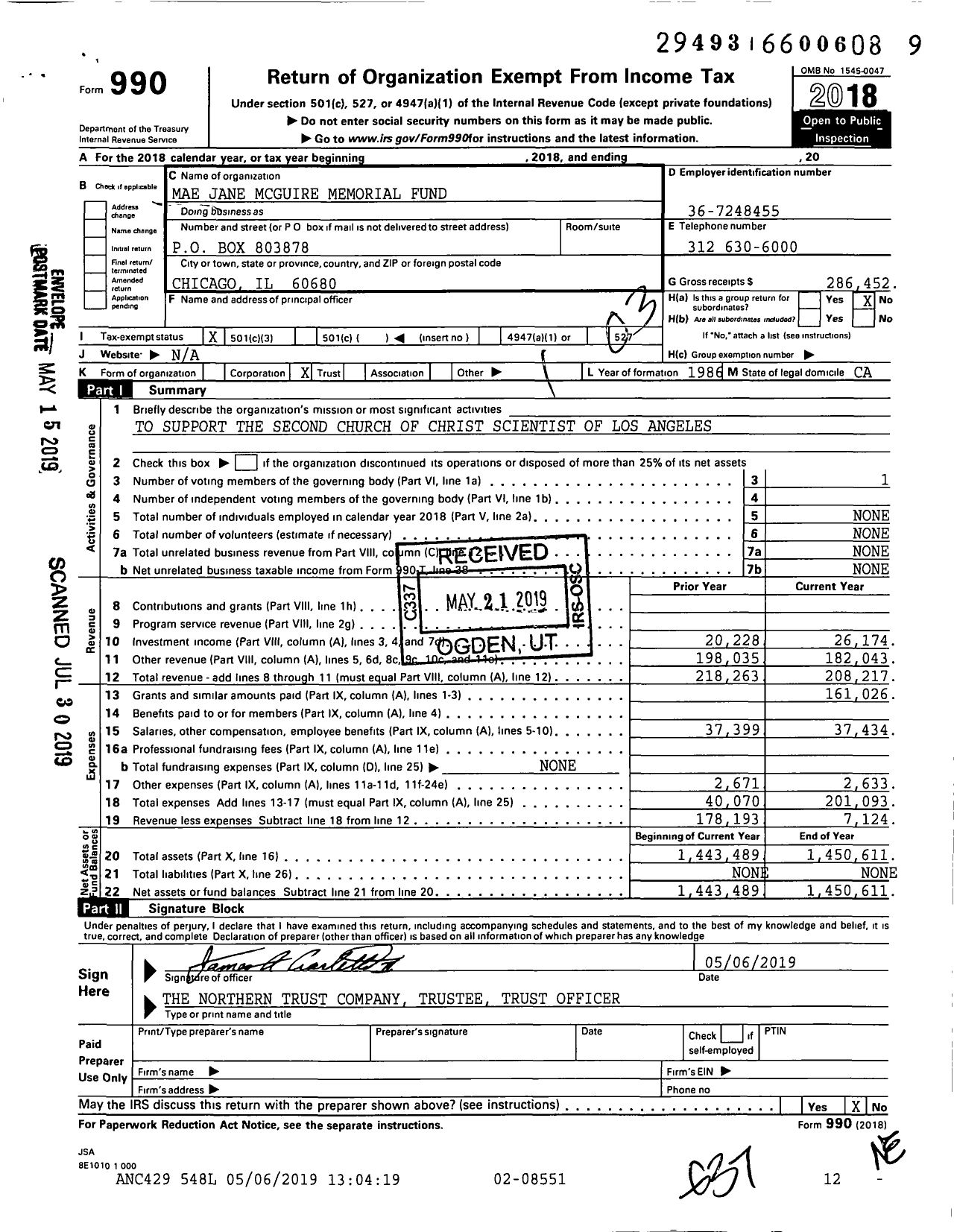 Image of first page of 2018 Form 990 for Mae Jane Mcguire Memorial Fund