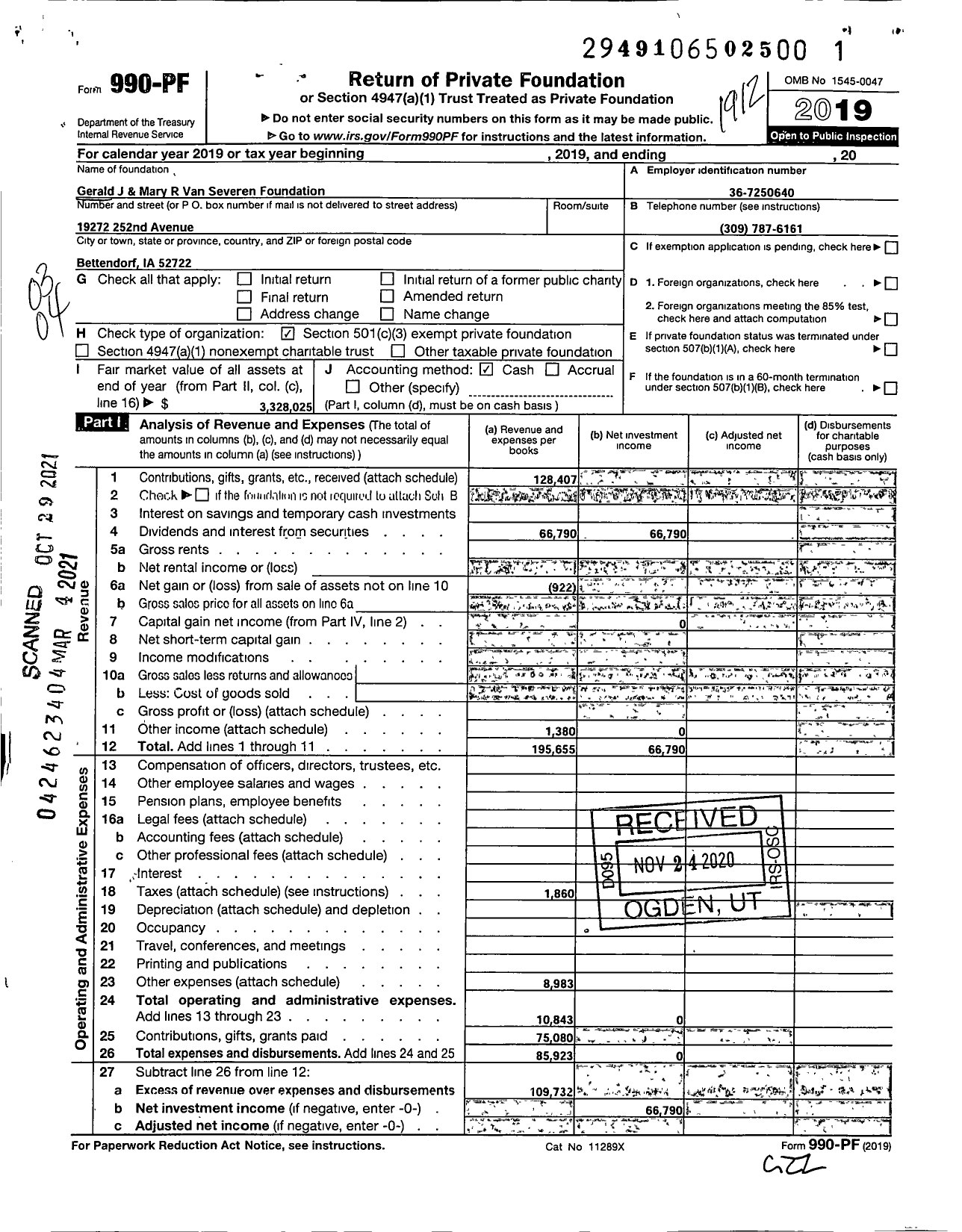 Image of first page of 2019 Form 990PF for Gerald & Mary VanSeveren Foundation