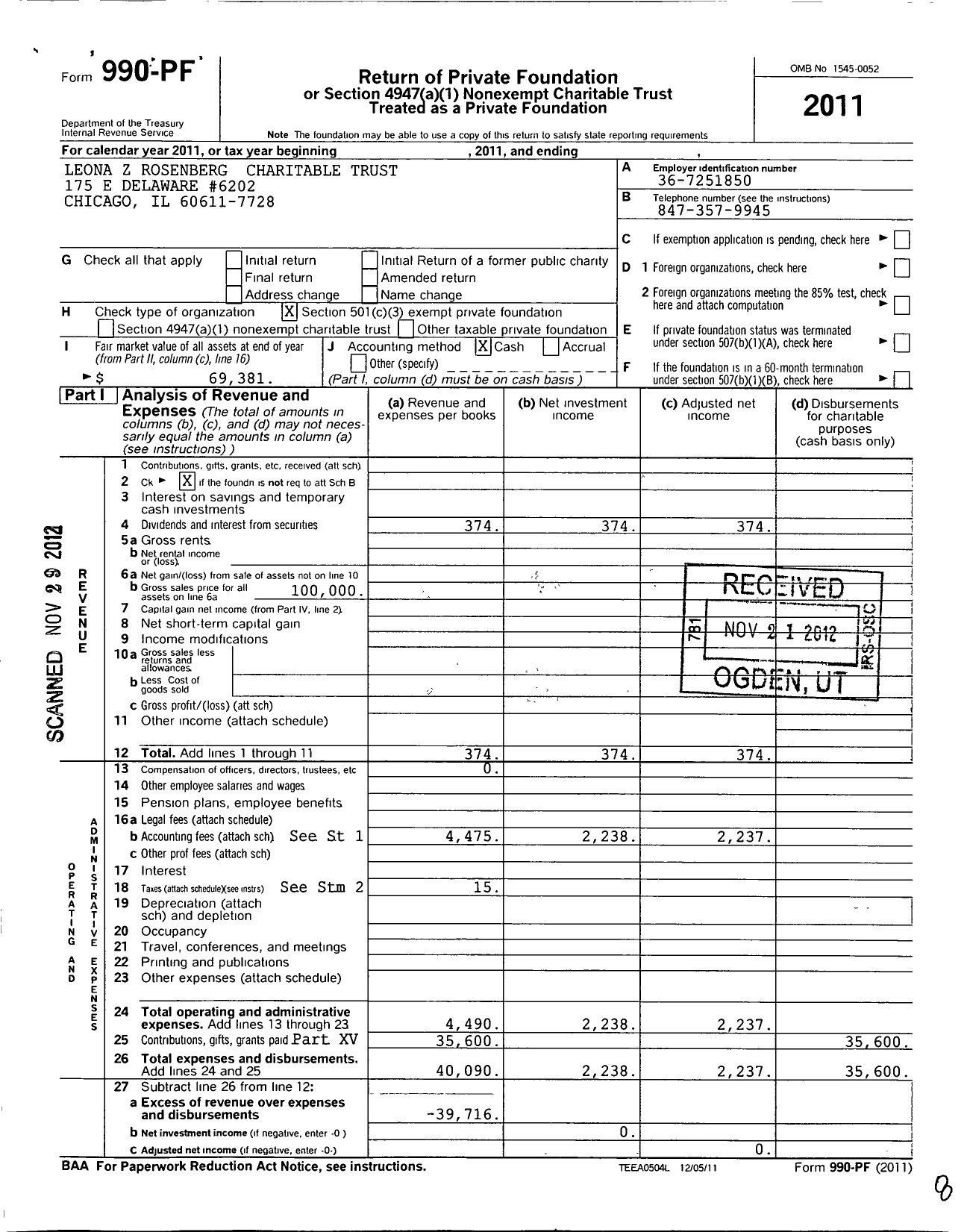 Image of first page of 2011 Form 990PF for Leona Z Rosenberg Charitable Trust